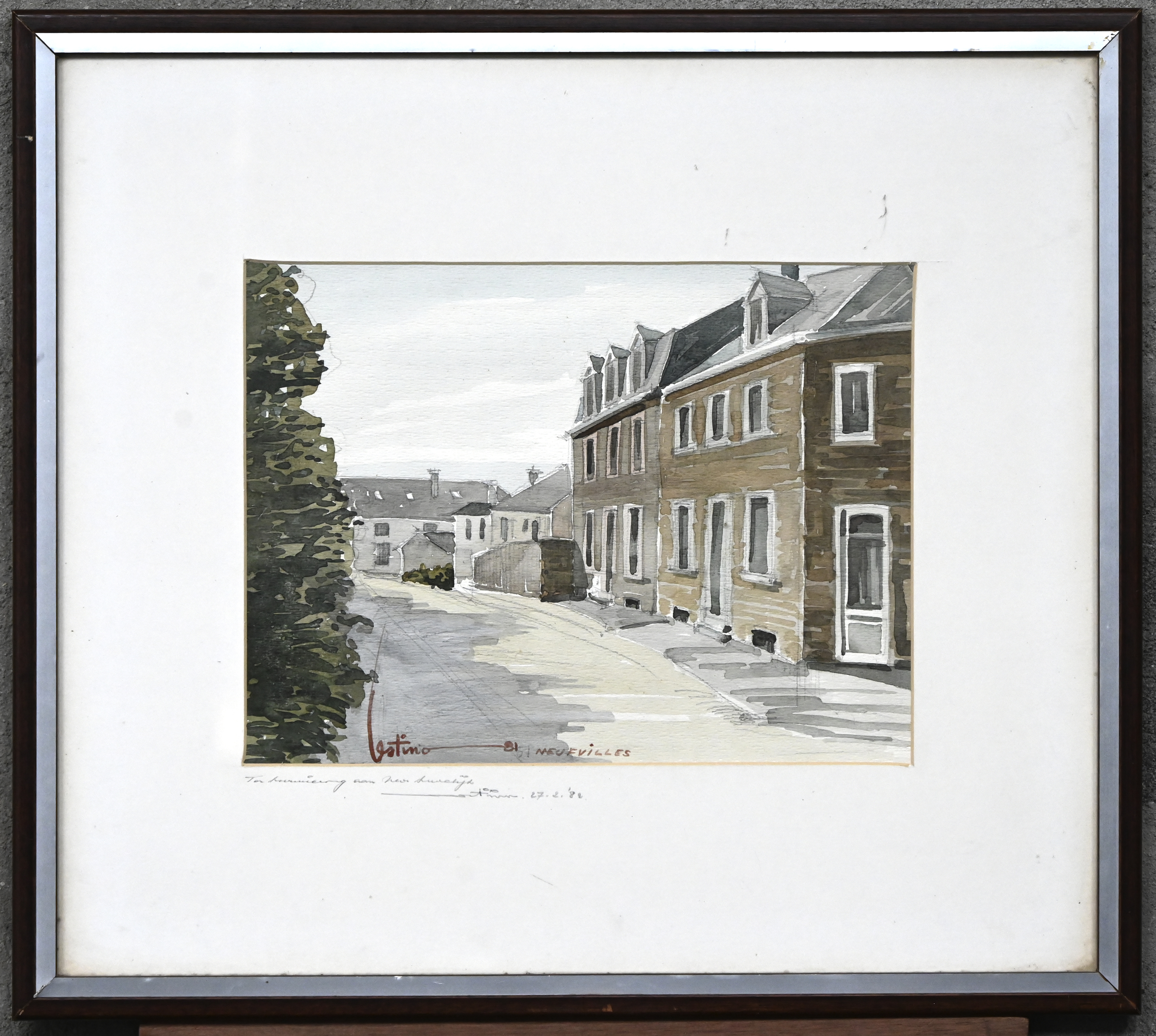‘Neufvilles’, een aquarel. Getekend, met opdracht ‘Ter herinnering aan uw huwelijk’, 27.2.’82 ‘Neufvilles’, een aquarel. Getekend, met opdracht ‘Ter herinnering aan uw huwelijk’, 27.2.’82.