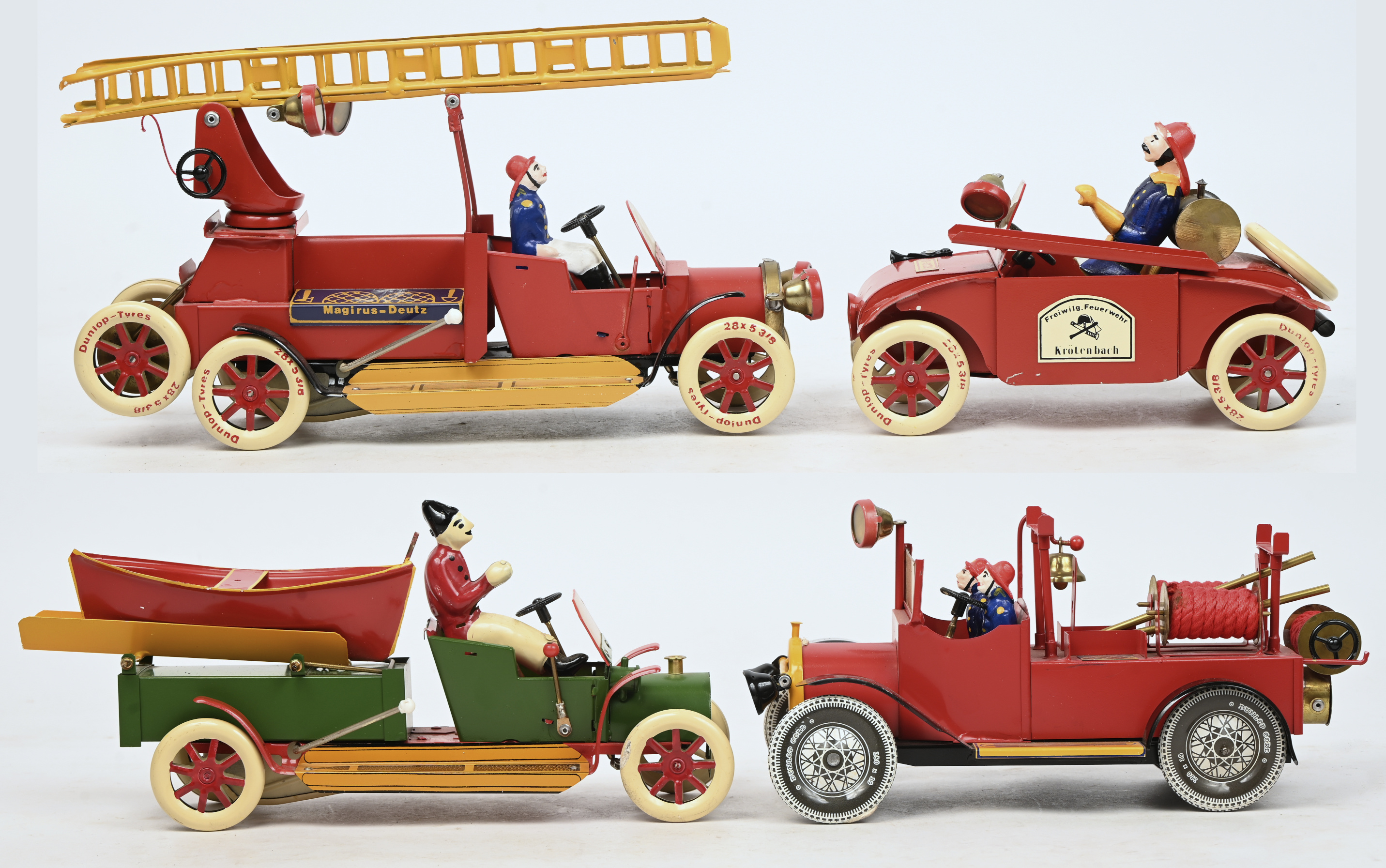 Drie brandweervoertuigen, modellen T-204, T-206 en T-216 en ‘Rettungsfahrzeug "Wasserwacht"’, model T-181. De ladder van model T-216 is manco en enkele figuren hebben schade Drie brandweervoertuigen, modellen T-204, T-206 en T-216 en ‘Rettungsfahrzeug "Wasserwacht"’, model T-181. De ladder van model T-216 is manco en enkele figuren hebben schade.