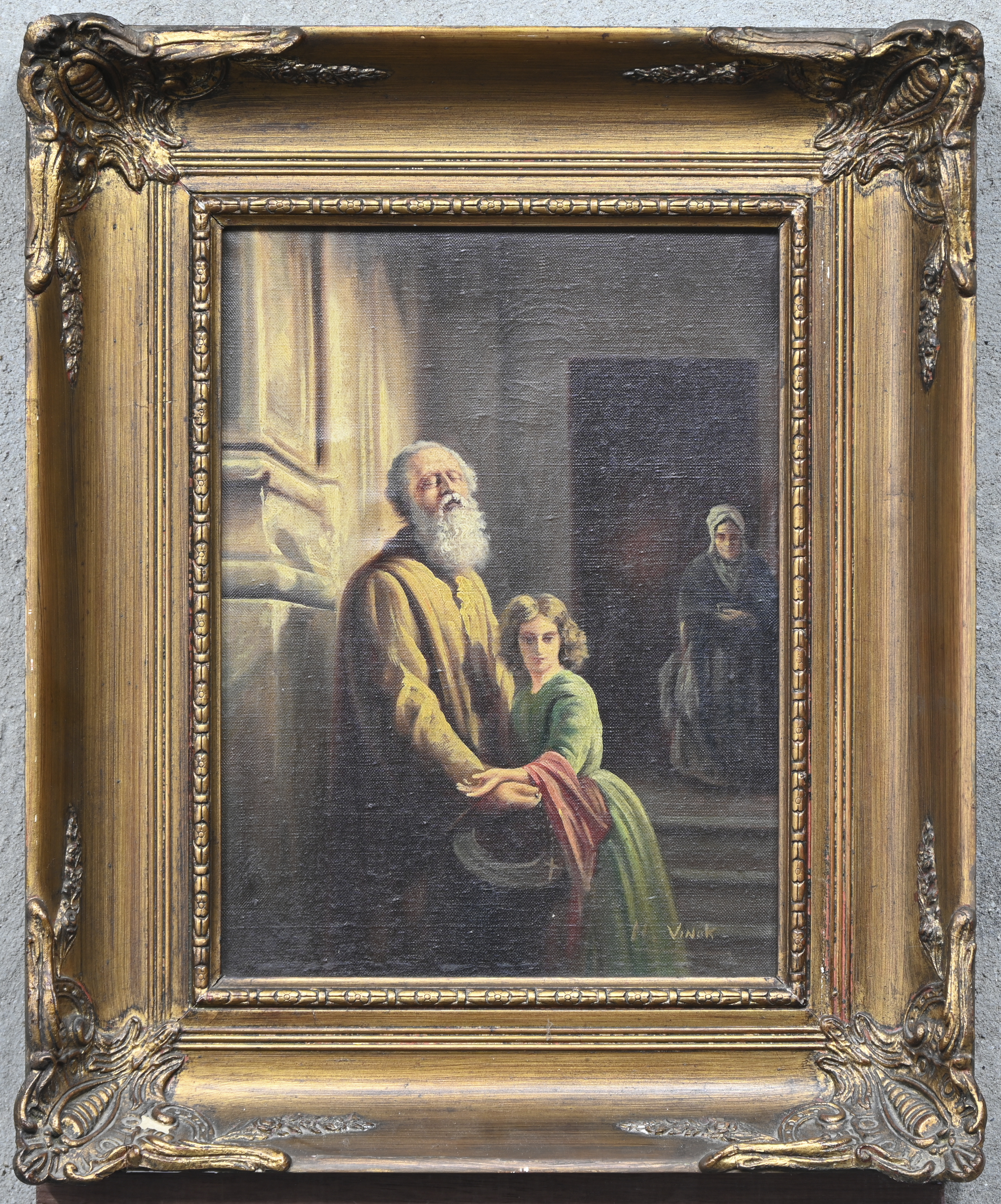 ‘De blinde bedelaar’, een geschilderde reproductie naar het werk van Josephus Dyckmans. Olieverf op doek, getekend H. Vinck ‘De blinde bedelaar’, een geschilderde reproductie naar het werk van Josephus Dyckmans. Olieverf op doek, getekend H. Vinck.