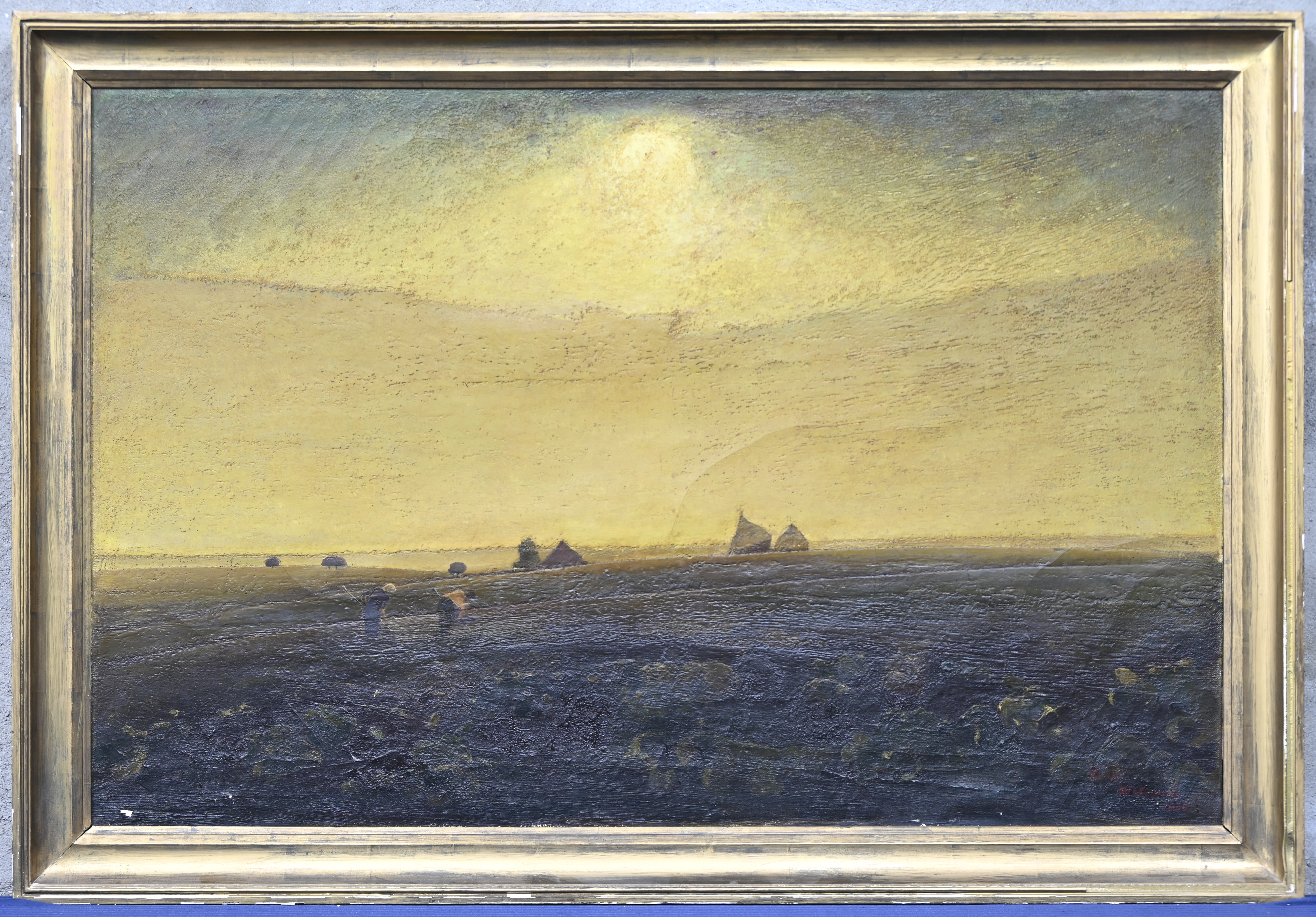 “Het bewerken van het land”, een schilderij, olieverf op doek, gesigneerd. Kleine verfschade aan het doek. Gedateerd 1930 “Het bewerken van het land”, een schilderij, olieverf op doek, gesigneerd. Kleine verfschade aan het doek. Gedateerd 1930.