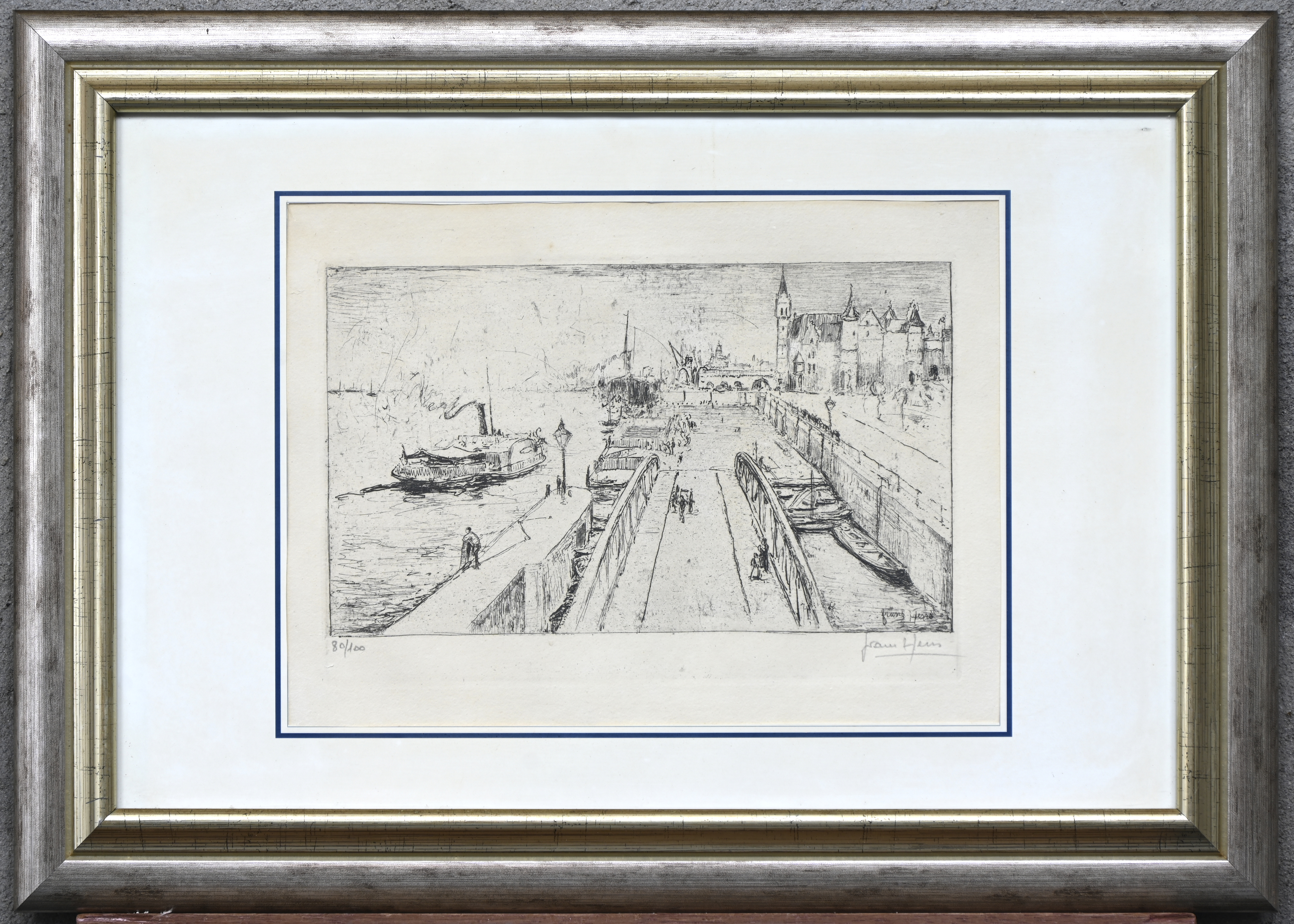 ‘De Scheldekaai aan Het Steen’, een monochrome ets. Getekend binnen en buiten de plaat, Frans Hens. Nr. 80 uit een oplage van 100 exemplaren ‘De Scheldekaai aan Het Steen’, een monochrome ets. Getekend binnen en buiten de plaat, Frans Hens. Nr. 80 uit een oplage van 100 exemplaren.