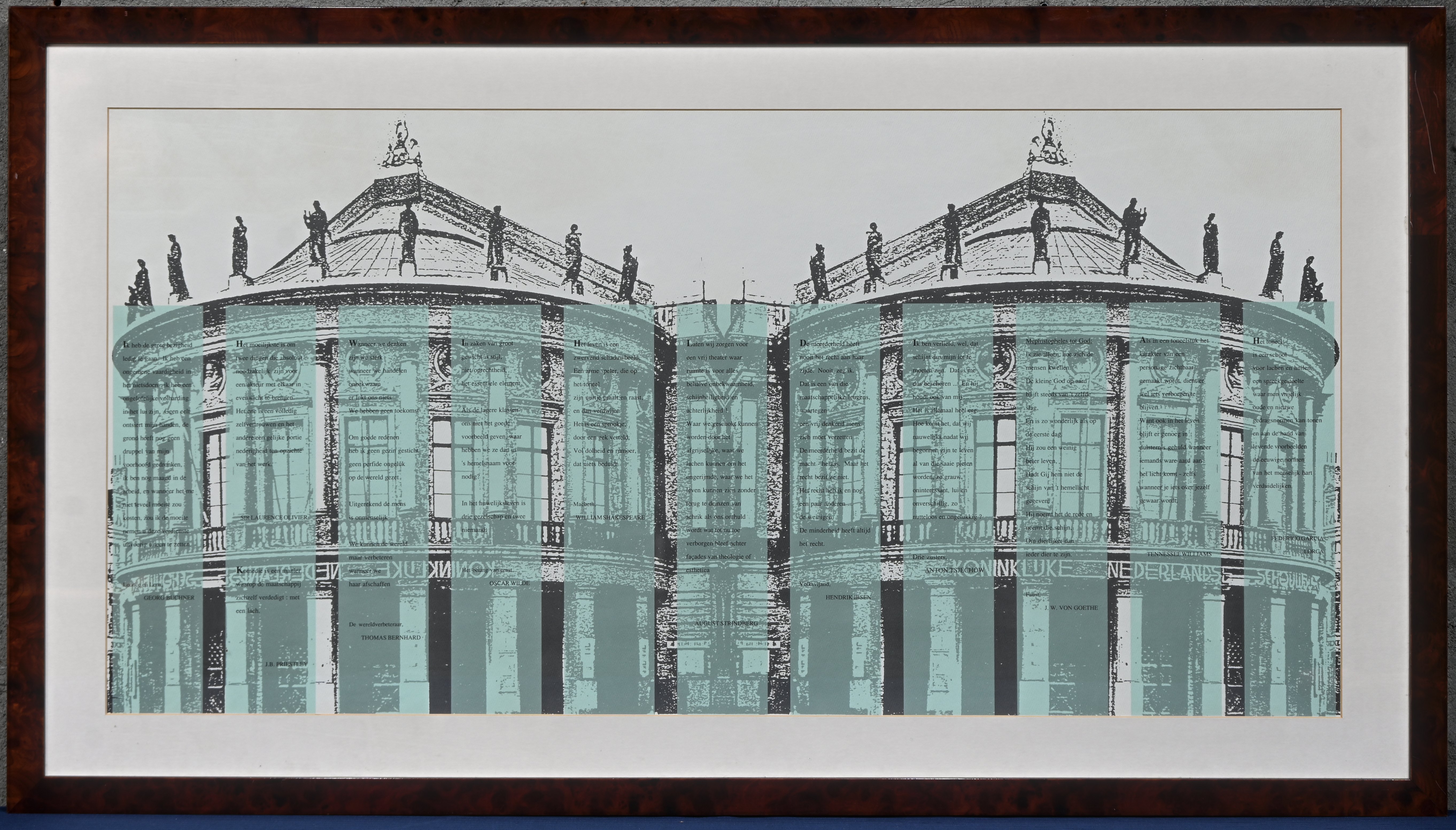 ‘Bourla’, een offset prent in kleuren van de Antwerpse schouwburg. Met een overdruk van teksten door wereldberoemde auteurs ‘Bourla’, een offset prent in kleuren van de Antwerpse schouwburg. Met een overdruk van teksten door wereldberoemde auteurs.