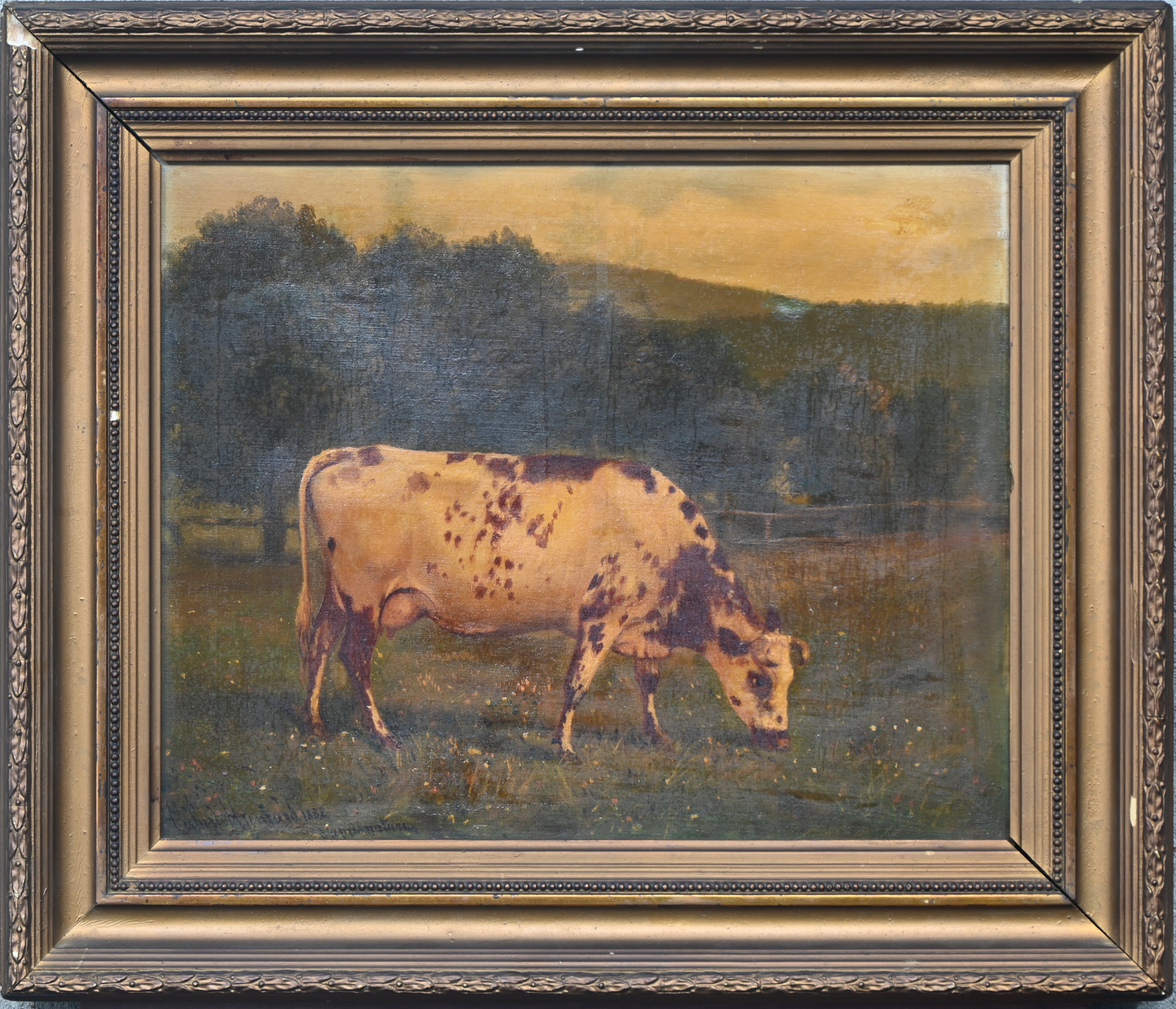 ‘Grazende koe’, olieverf op doek. Een 19e eeuws werk, gesigneerd ‘Grazende koe’, olieverf op doek. Een 19e eeuws werk, gesigneerd.