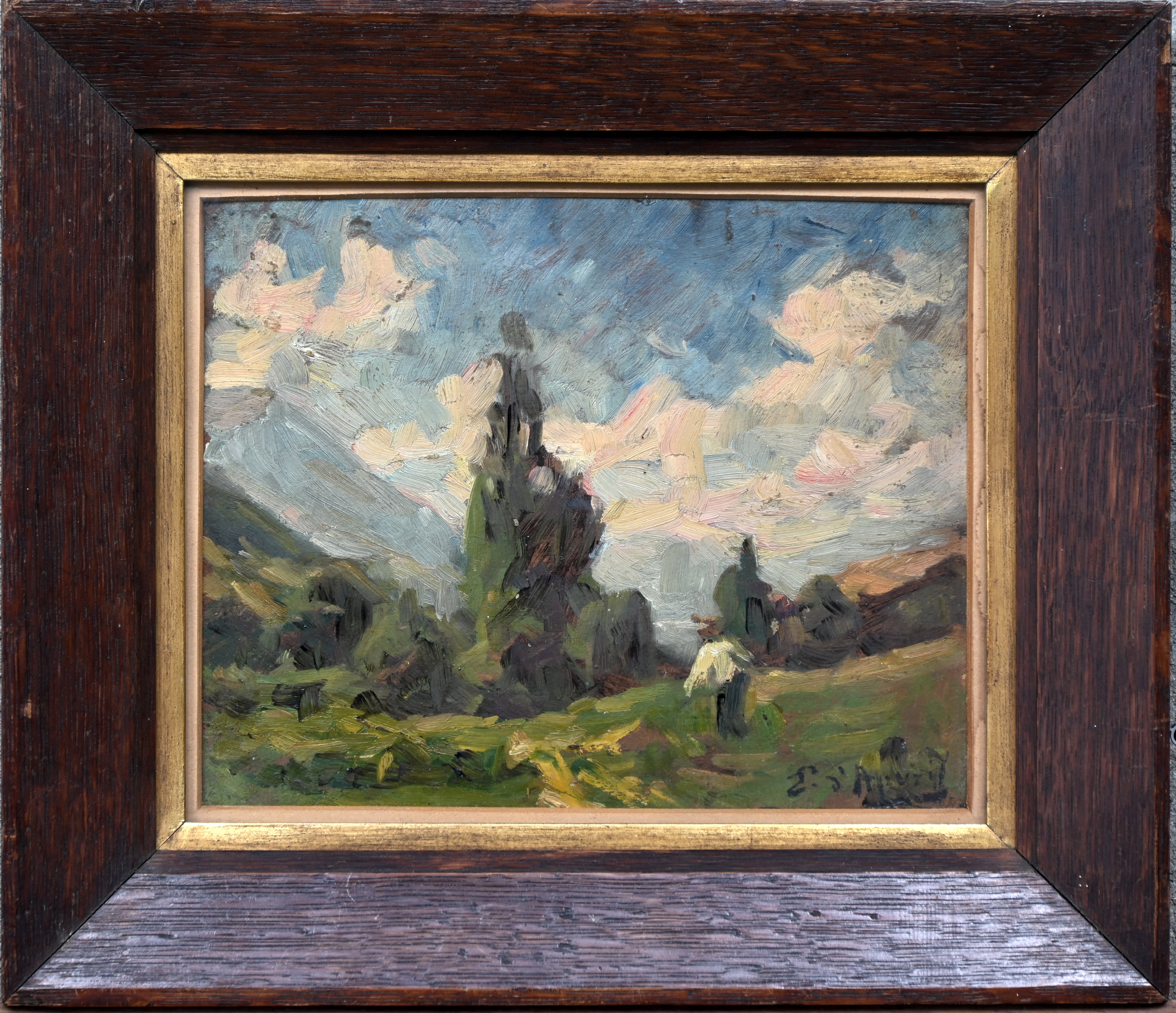 ‘Landschap’, olieverf op karton. Getekend E. d’Apvril ‘Landschap’, olieverf op karton. Getekend E. d’Apvril.