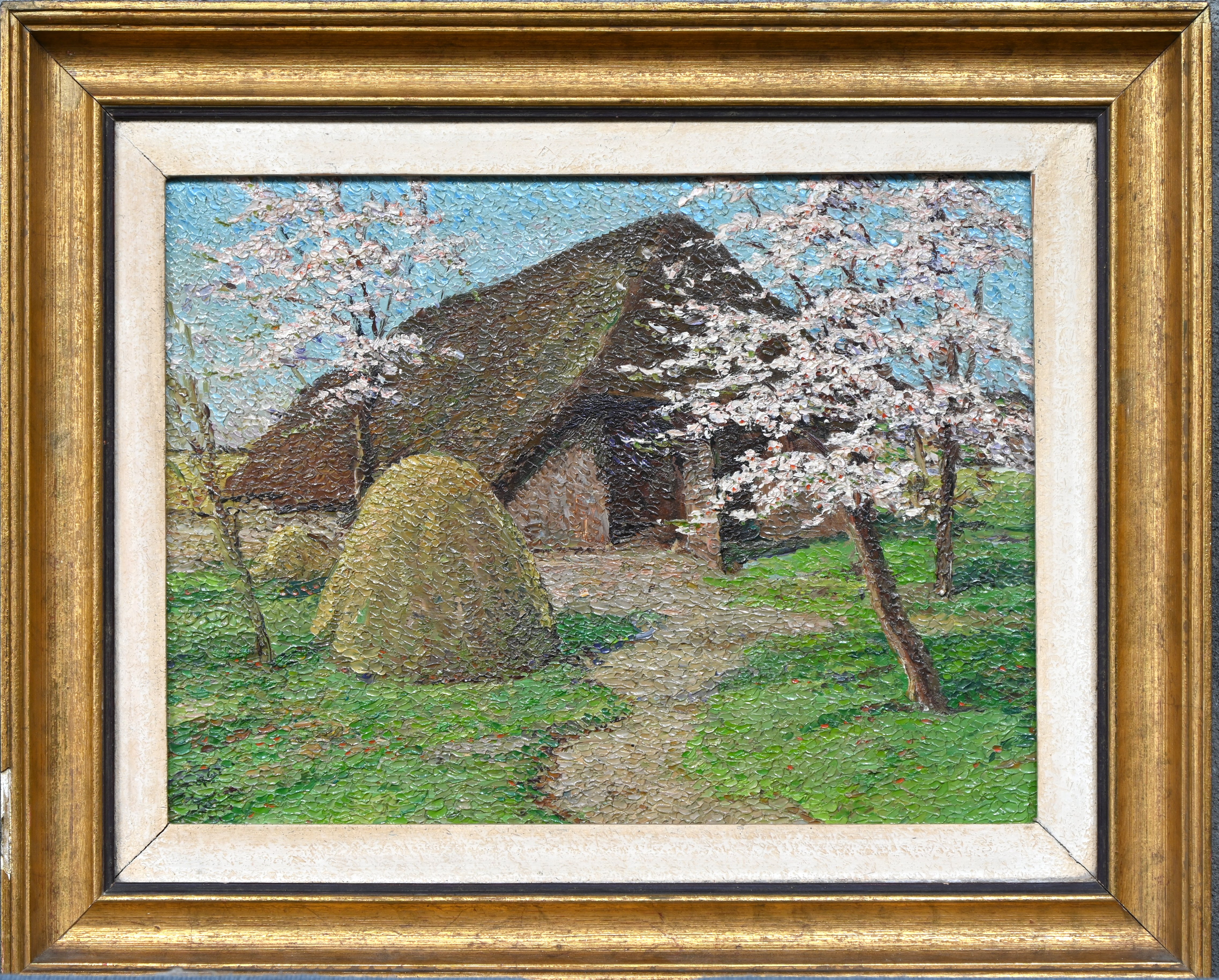 ‘Oude schuur met bloesem bomen’, olieverf op paneel ‘Oude schuur met bloesem bomen’, olieverf op paneel.