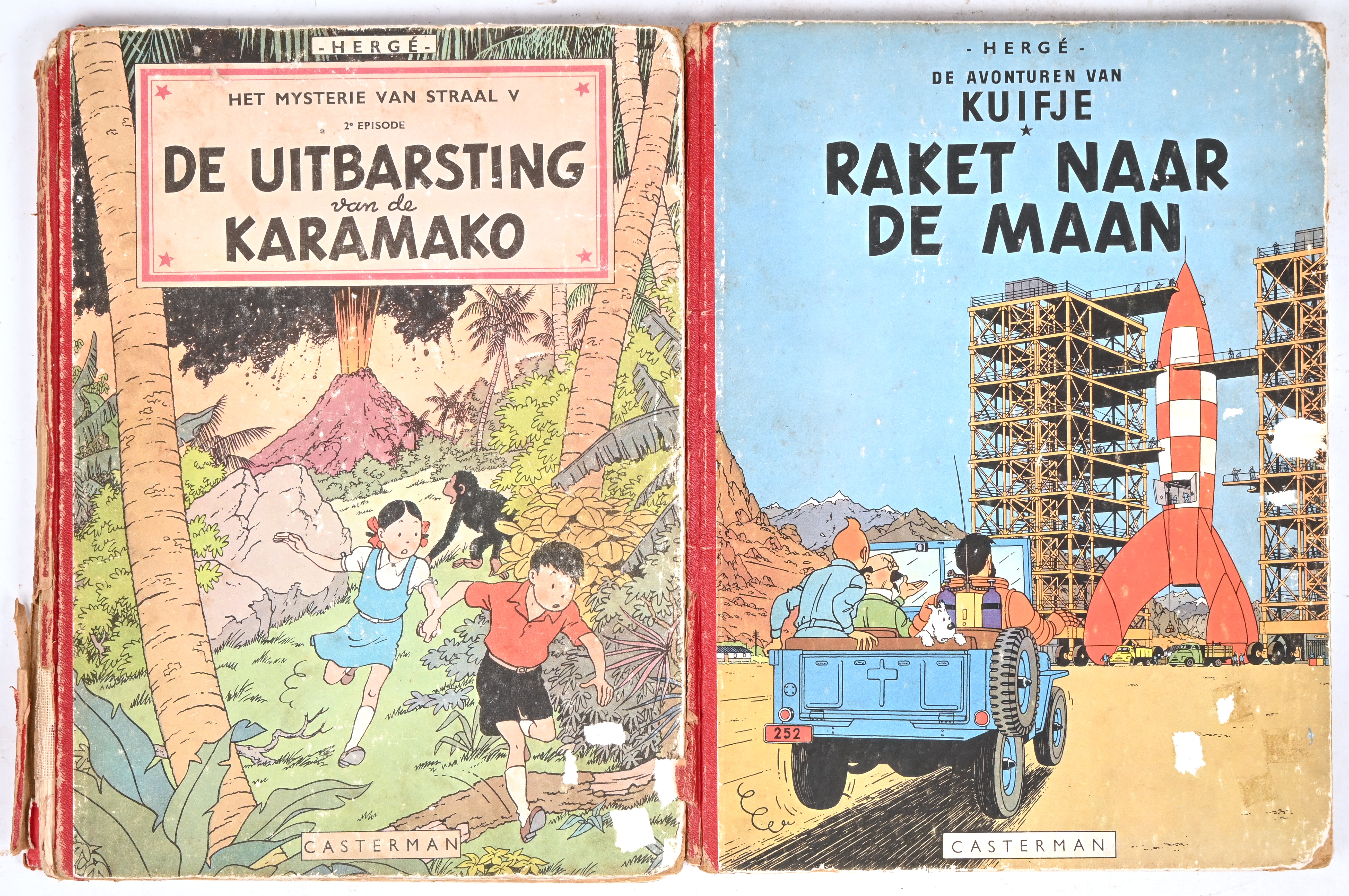 ‘Raket naar de maan’ & ‘De uitbarsting van de Karamako’. Twee strips door Hergé, jaren vijftig. Met ruime schade aan de rug ‘Raket naar de maan’ & ‘De uitbarsting van de Karamako’. Twee strips door Hergé, jaren vijftig. Met ruime schade aan de rug.