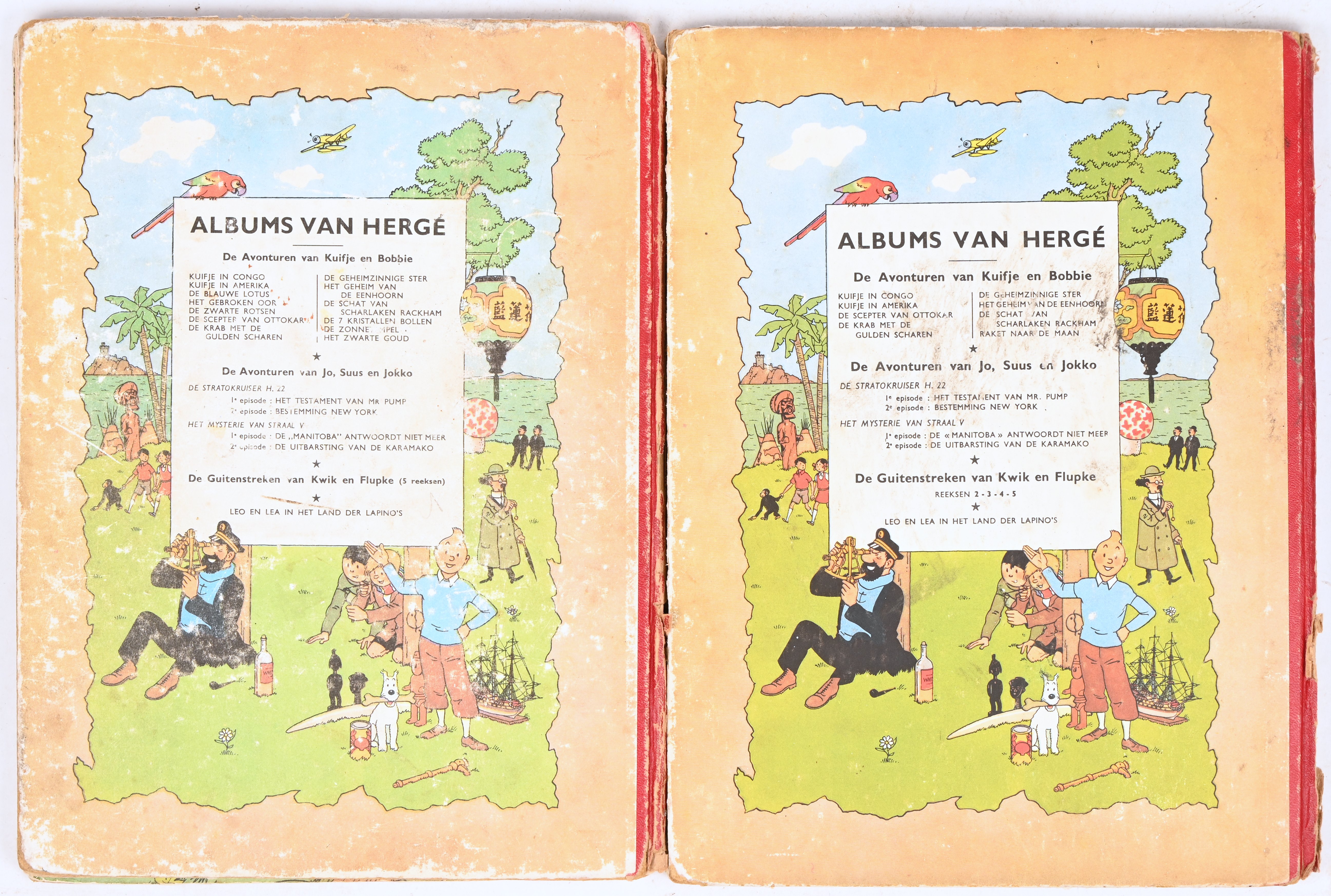 ‘Raket naar de maan’ & ‘De uitbarsting van de Karamako’. Twee strips door Hergé, jaren vijftig. Met ruime schade aan de rug ‘Raket naar de maan’ & ‘De uitbarsting van de Karamako’. Twee strips door Hergé, jaren vijftig. Met ruime schade aan de rug.