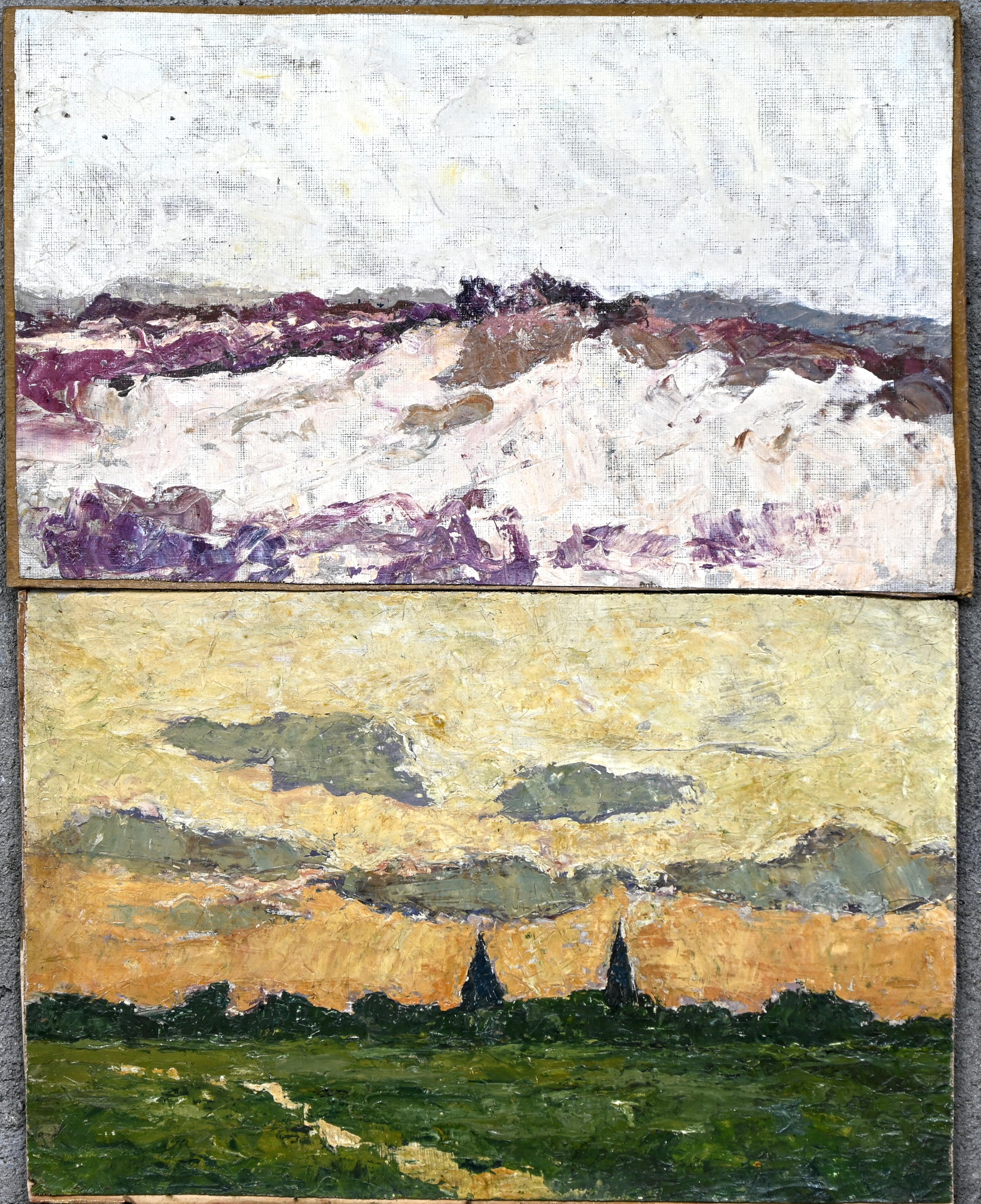 ‘Landschap met kerk’ en ‘Duinenzicht’, olieverf op paneel. Twee landschapsstudiesn getekend met stempel op de rug Atelier A-V Steenacker ‘Landschap met kerk’ en ‘Duinenzicht’, olieverf op paneel. Twee landschapsstudiesn getekend met stempel op de rug Atelier A-V Steenacker.