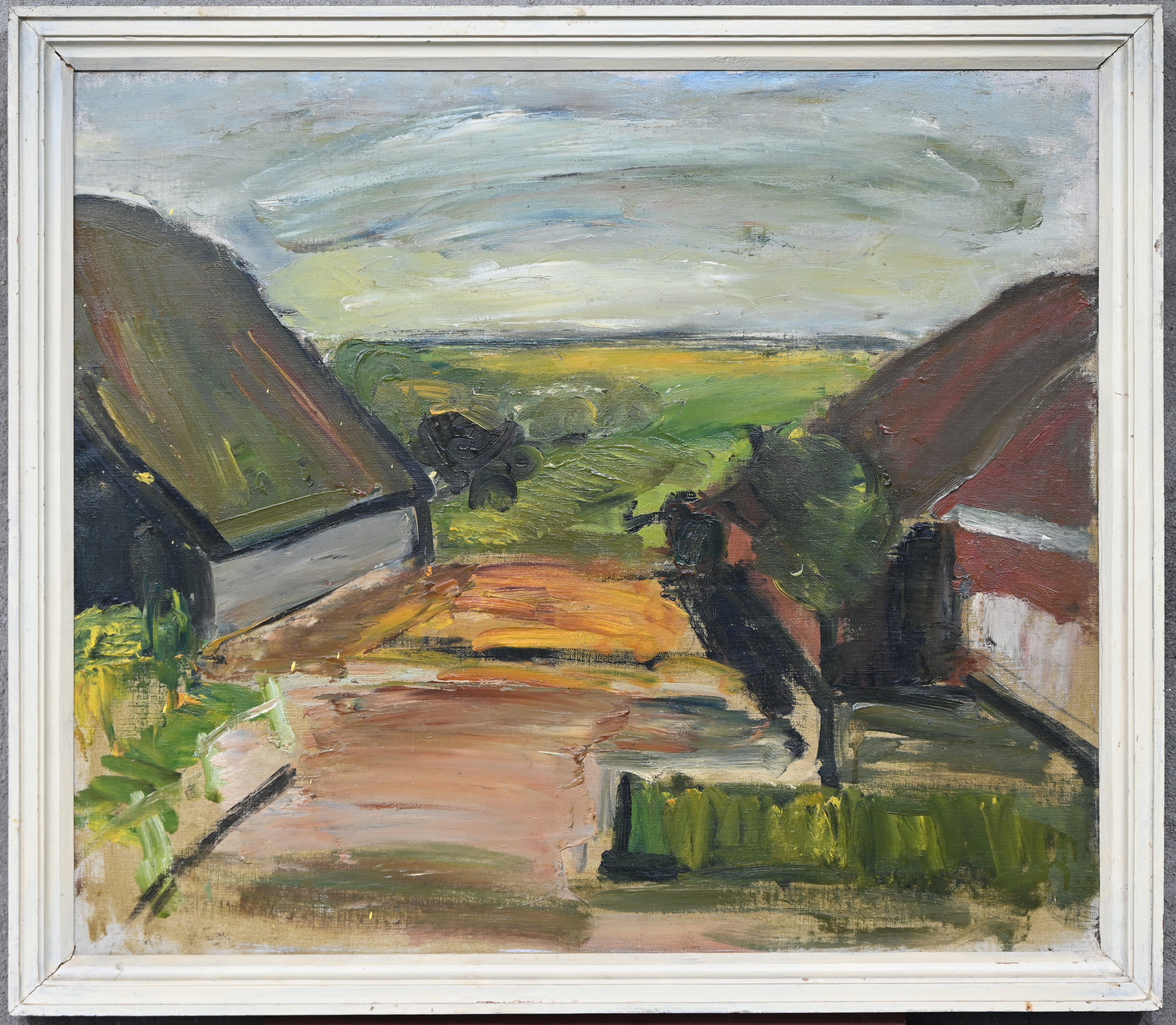 ‘Boerenerf’, een impressionistisch olieverfschilderij op doek. Getekend op de rug Van Heesvelde Hipp. 1932 ‘Boerenerf’, een impressionistisch olieverfschilderij op doek. Getekend op de rug Van Heesvelde Hipp. 1932.