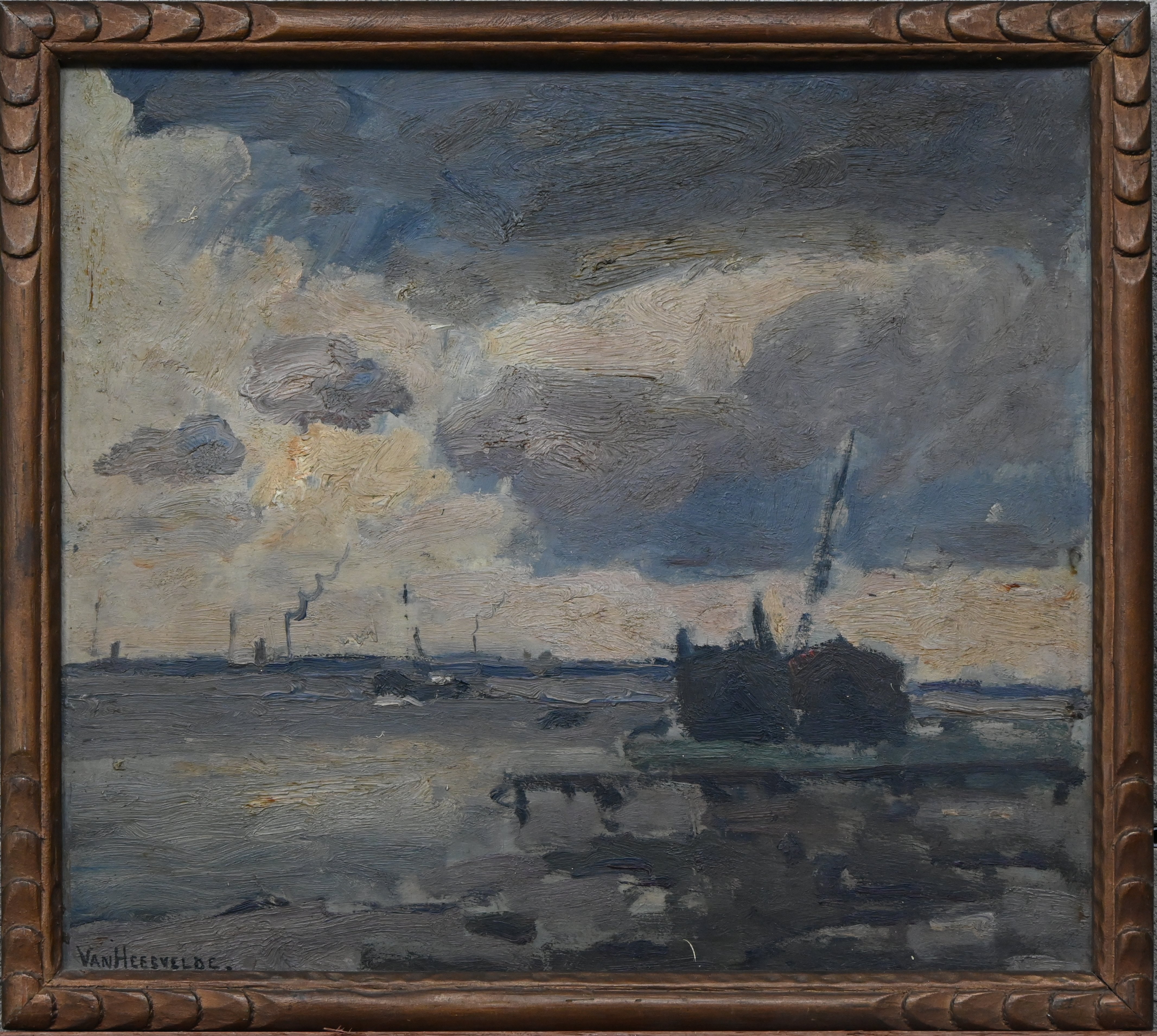 ‘Marine’, olieverf op paneel. Getekend Van Heesvelde, op de rug getekend en gedateerd 1928 ‘Marine’, olieverf op paneel. Getekend Van Heesvelde, op de rug getekend en gedateerd 1928.