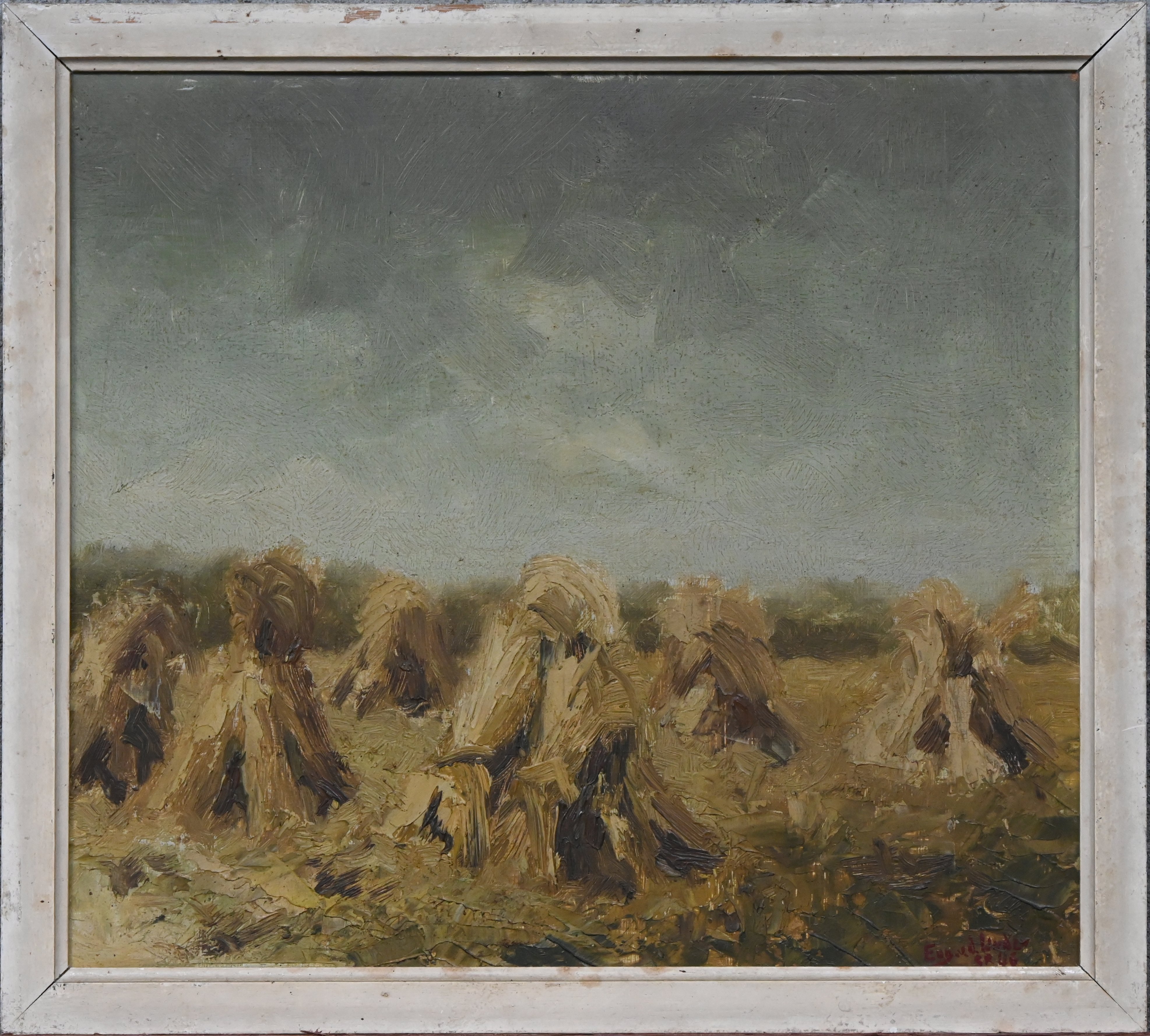 ‘Landschap met hooischoven’, olieverf op paneel. Getekend Eug. V. D. Linden, SR 456 ‘Landschap met hooischoven’, olieverf op paneel. Getekend Eug. V. D. Linden, SR 456.