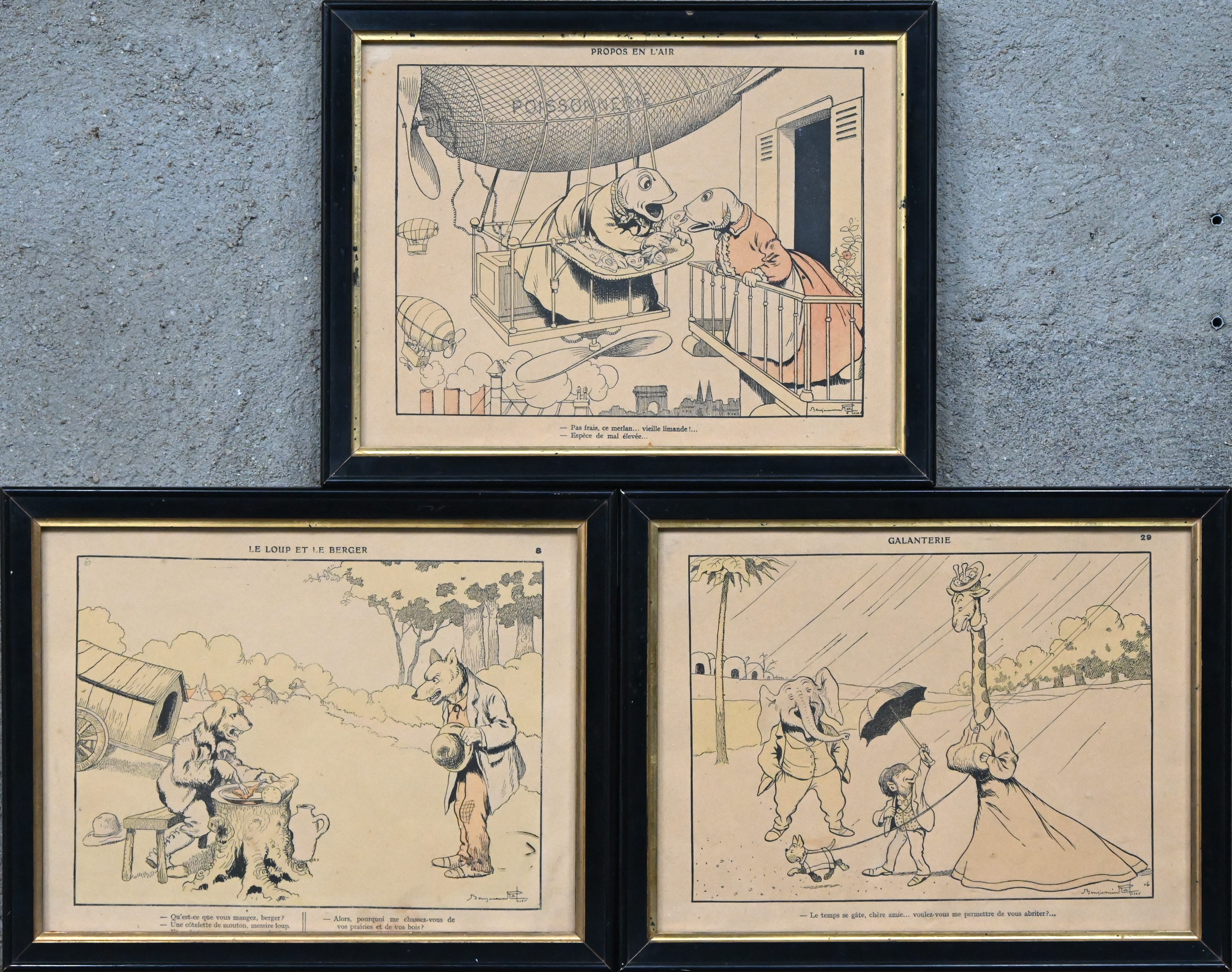 Een set van drie vroeg 20ste eeuwse cartoons. “Galantrie”, “Le Loup et le Berger.” en “Propos en l’air Een set van drie vroeg 20ste eeuwse cartoons. “Galantrie”, “Le Loup et le Berger.” en “Propos en l’air.”
