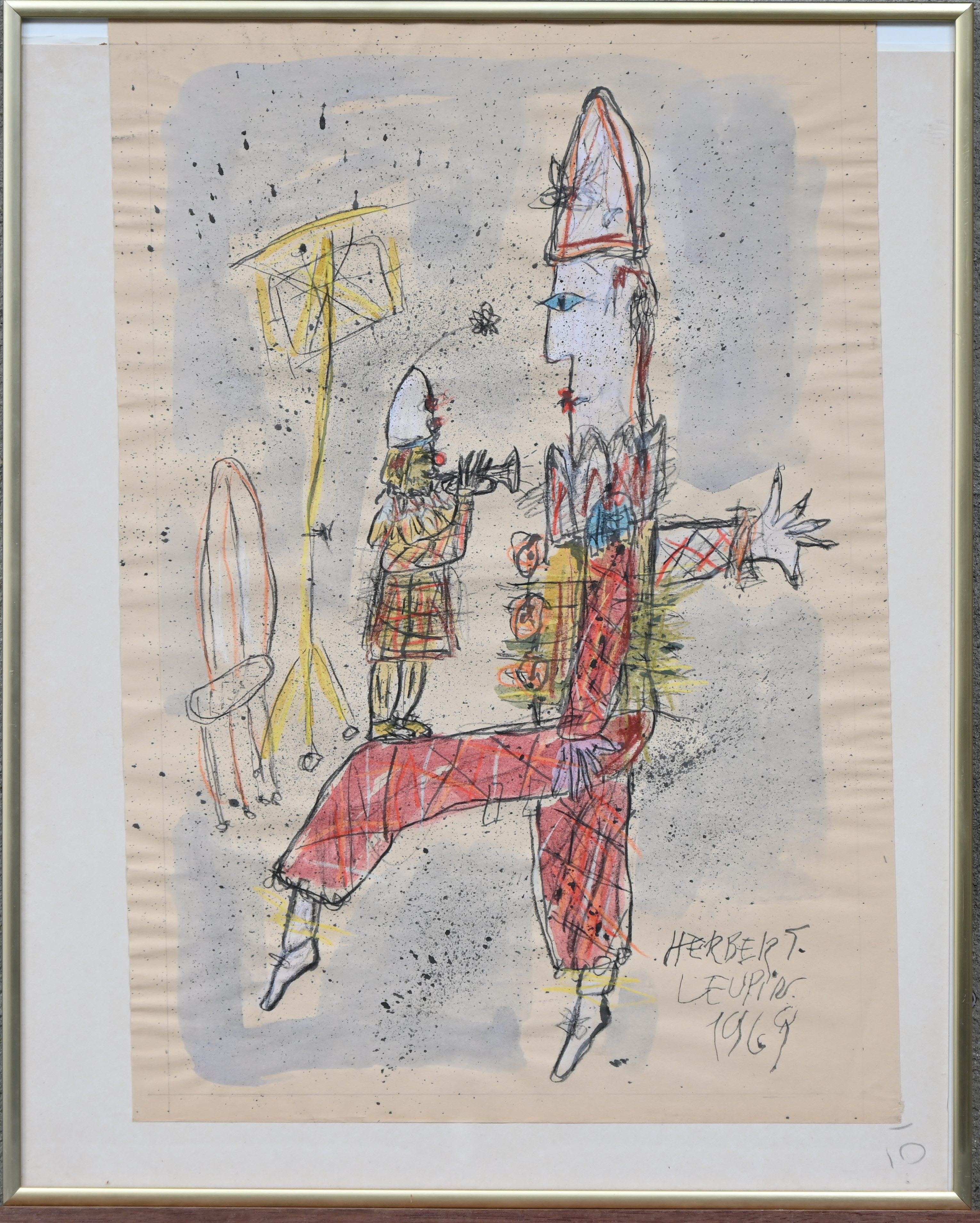 ‘Clowns’, gemengde techniek op papier. Getekend Herbert Leupig, 1969 ‘Clowns’, gemengde techniek op papier. Getekend Herbert Leupig, 1969.