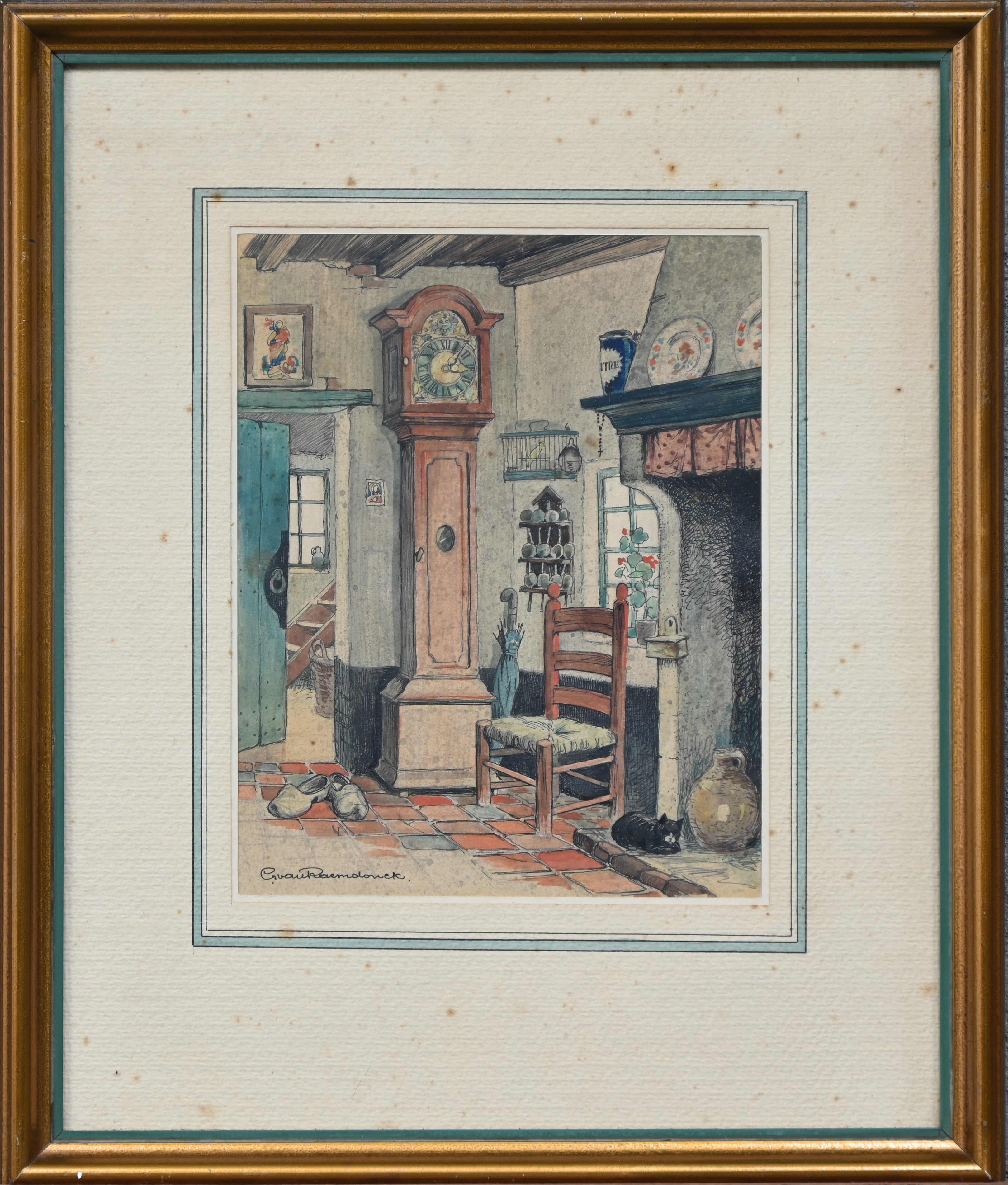 ‘Landelijk interieur’. Aquarel en inkt op papier. Gesigneerd G. Van Raemdonck ‘Landelijk interieur’. Aquarel en inkt op papier. Gesigneerd G. Van Raemdonck.
