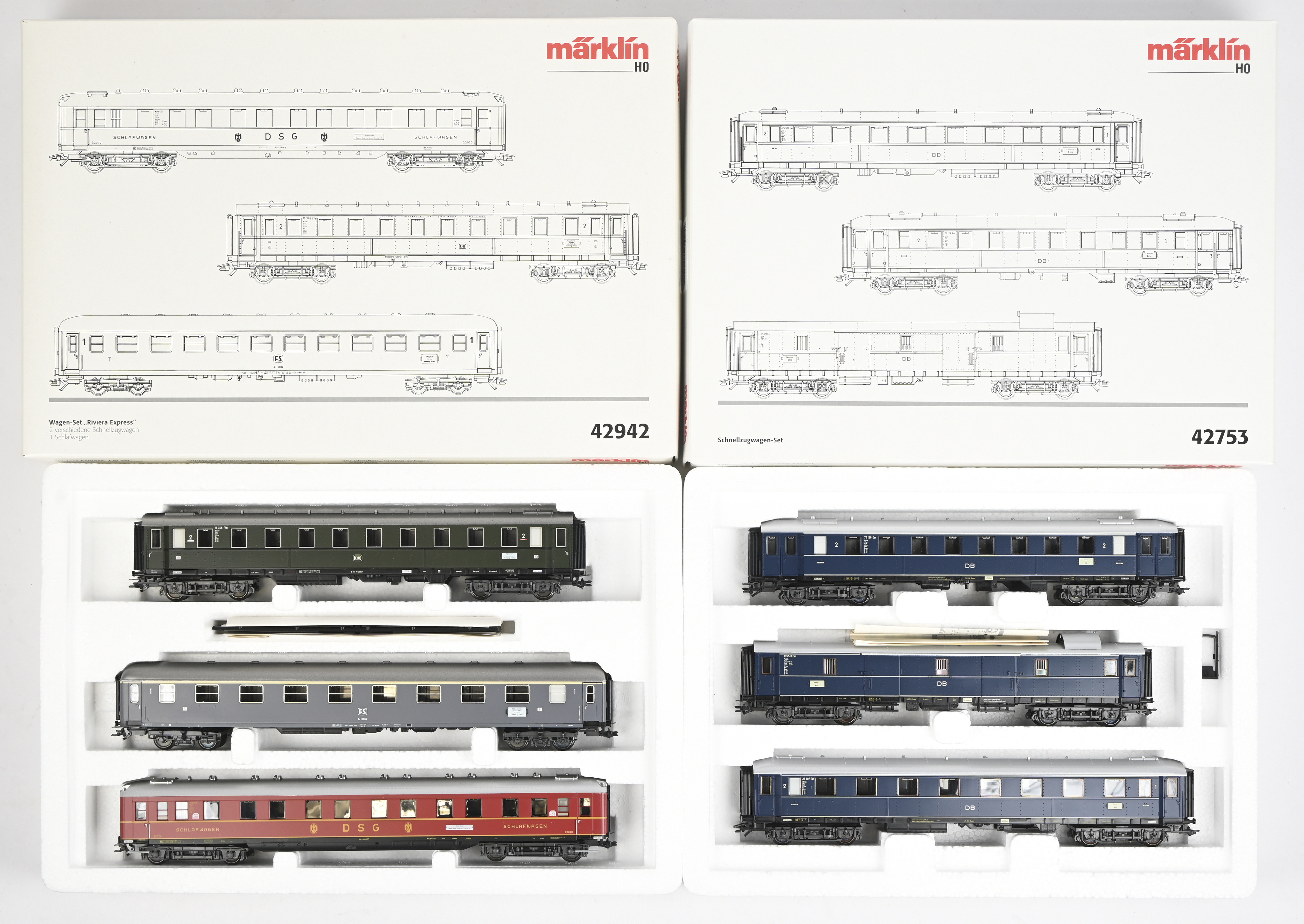 Twee Märklin sets. Set Sneltreinrijtuigen 42753 & Set Rijtuigen “Riviera Express” 42942. In OVP Twee Märklin sets. Set Sneltreinrijtuigen 42753 & Set Rijtuigen “Riviera Express” 42942. In OVP.