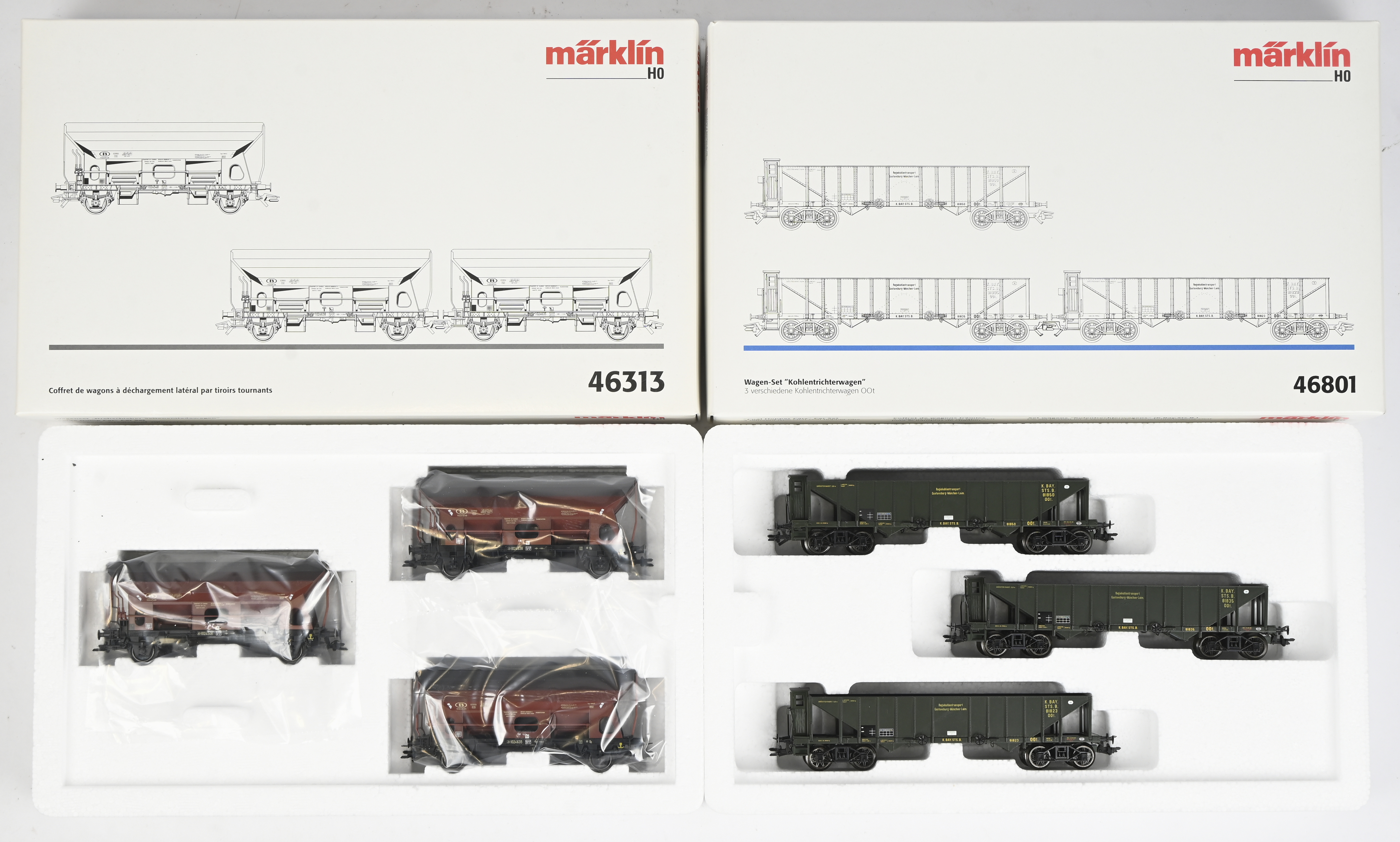 Twee Märklin sets. Set Wagens “Draaischuif-zijlossers” 46313 & Set Wagens “Kolentrechterwagens (K.Bay.Sts.B.) 46801. In OVP Twee Märklin sets. Set Wagens “Draaischuif-zijlossers” 46313 & Set Wagens “Kolentrechterwagens (K.Bay.Sts.B.) 46801. In OVP.