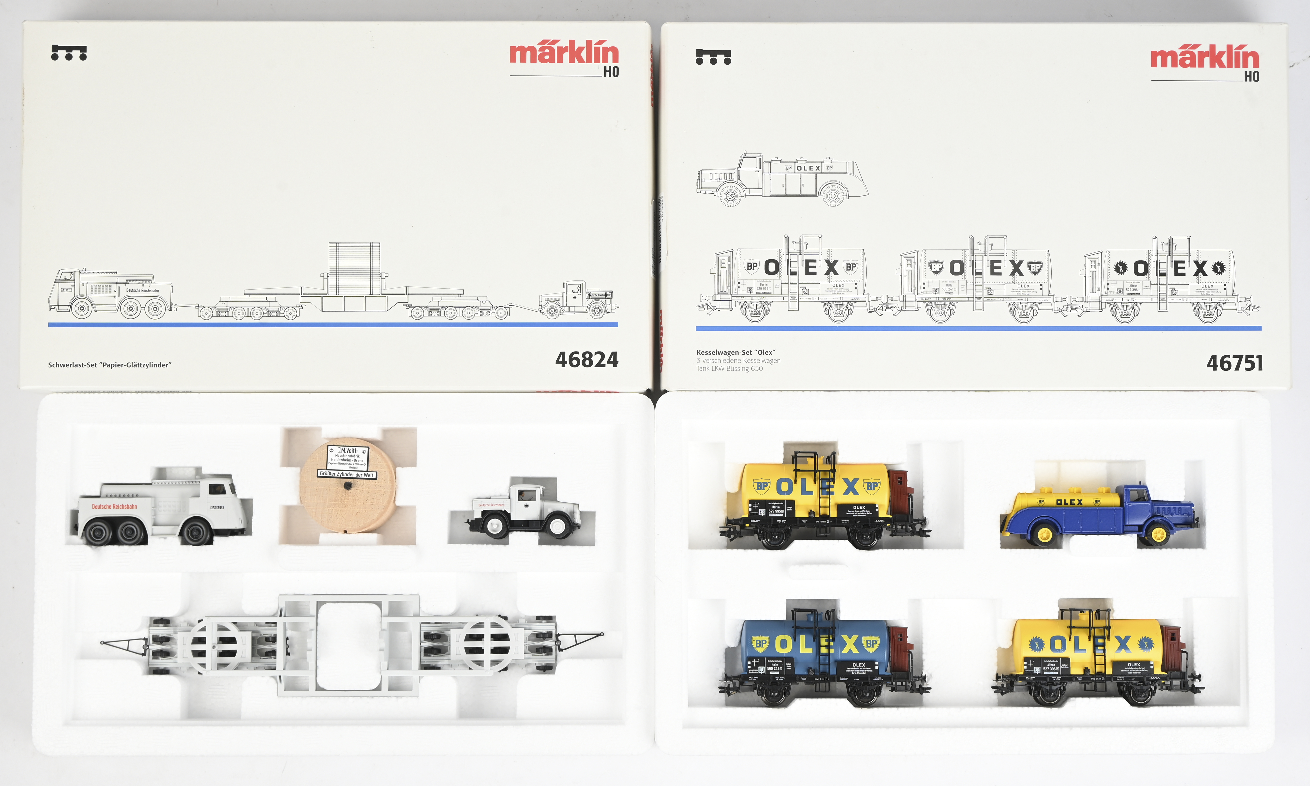 Twee Märklin sets. Zwaartranspoprt-set “Papier-rolcylinder” 46824 & Ketelwagenset “Olex” 46751. In OVP Twee Märklin sets. Zwaartranspoprt-set “Papier-rolcylinder” 46824 & Ketelwagenset “Olex” 46751. In OVP.