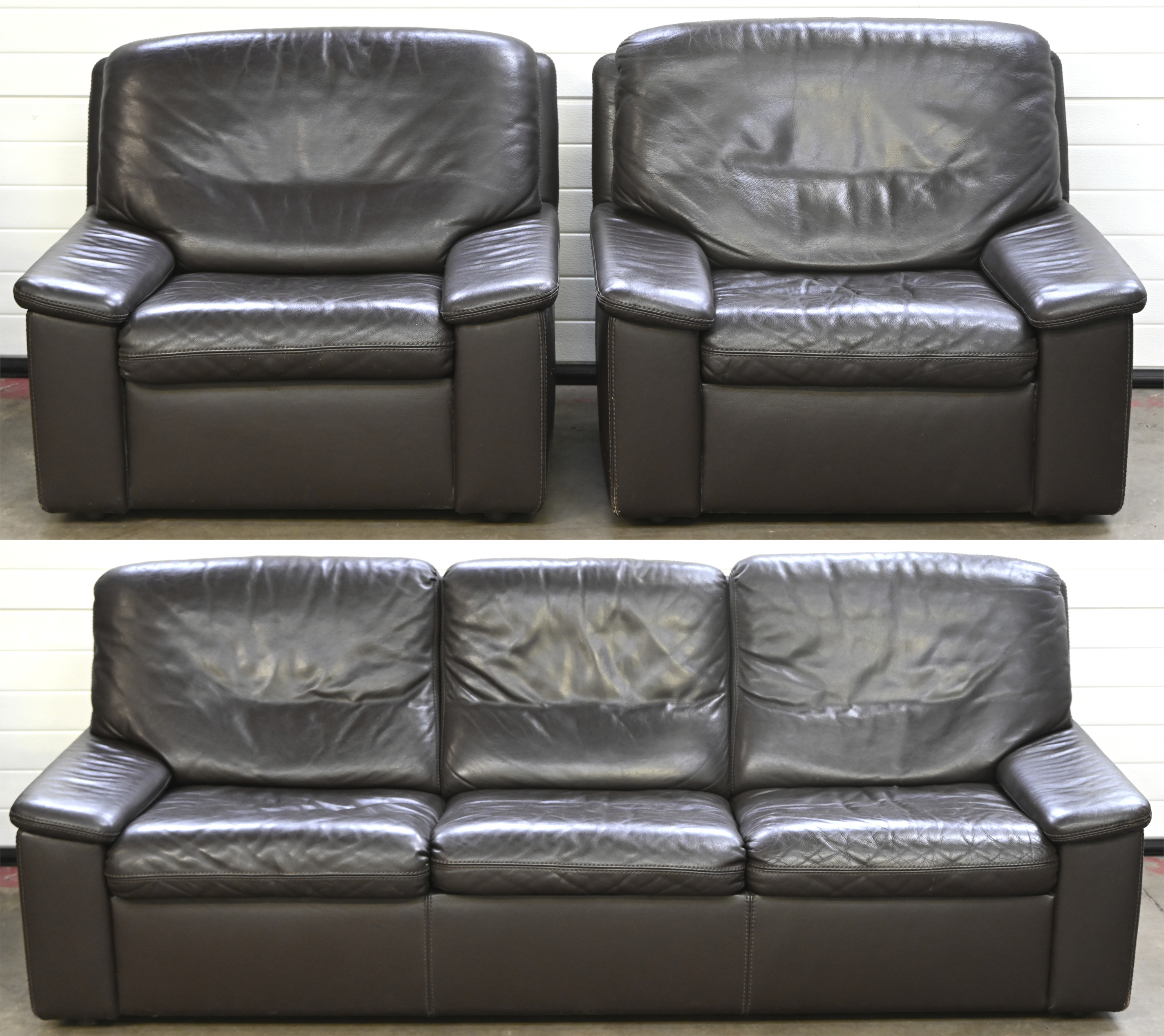 Een bruin lederen salon, driezit en twee fauteuils Een bruin lederen salon, driezit en twee fauteuils.