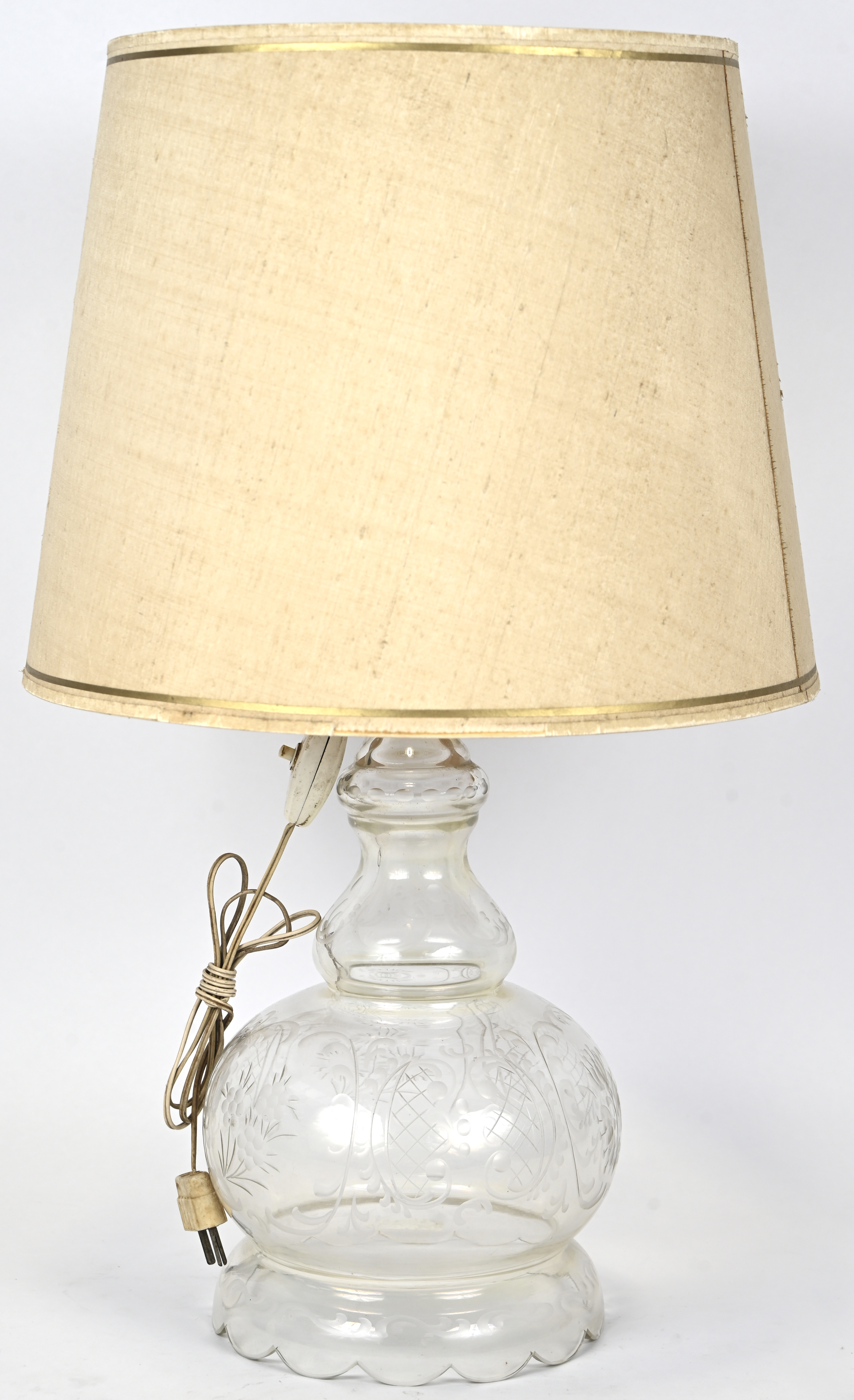 Een glazen lampvoet met een geslepen decor. Begin XXste eeuw Een glazen lampvoet met een geslepen decor. Begin XXste eeuw.