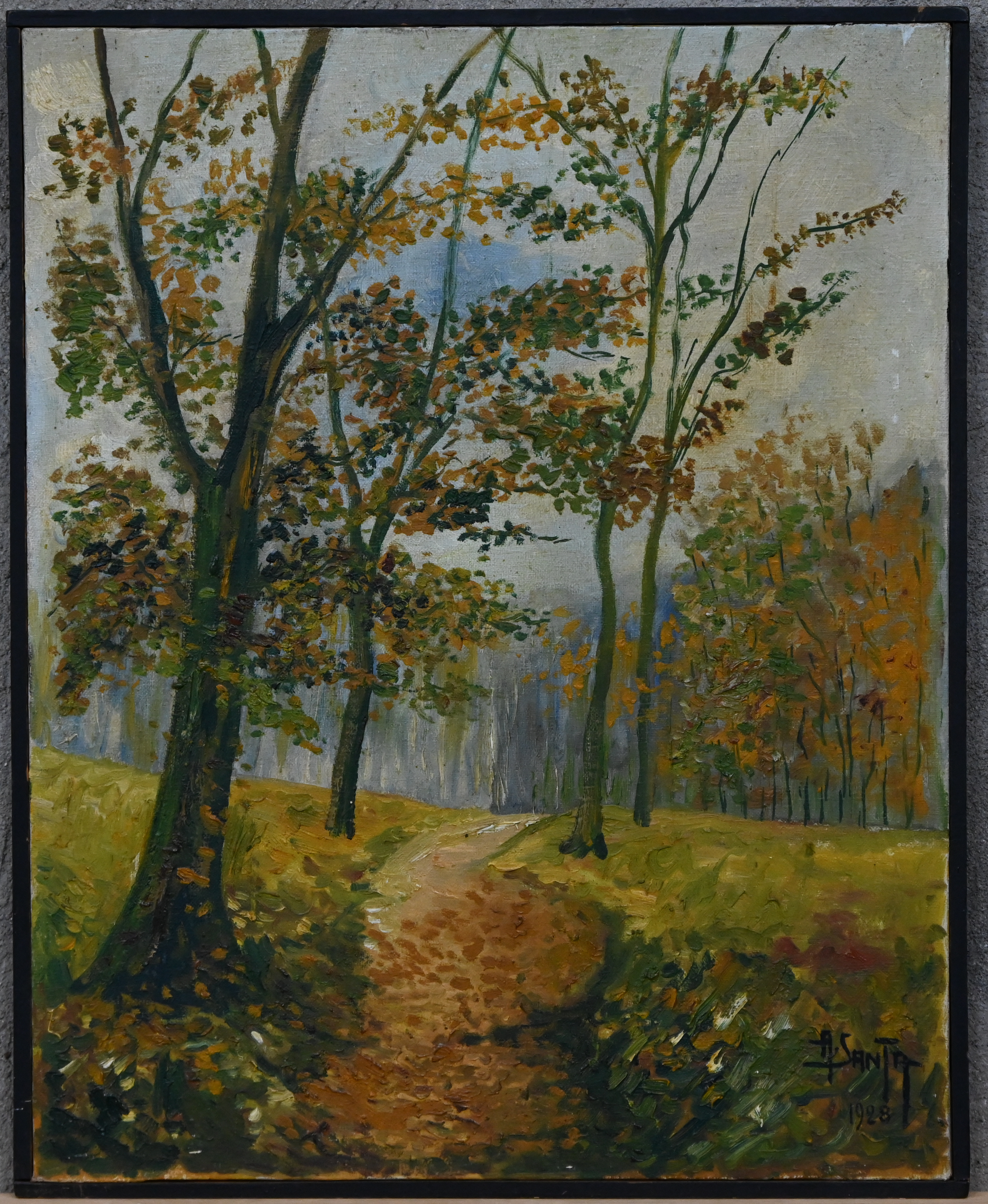 “Boszicht in de herfst.” Olieverf op doek. Draagt handtekening ‘Santa’ Gedateerd 1928 “Boszicht in de herfst.” Olieverf op doek. Draagt handtekening ‘Santa’ Gedateerd 1928.