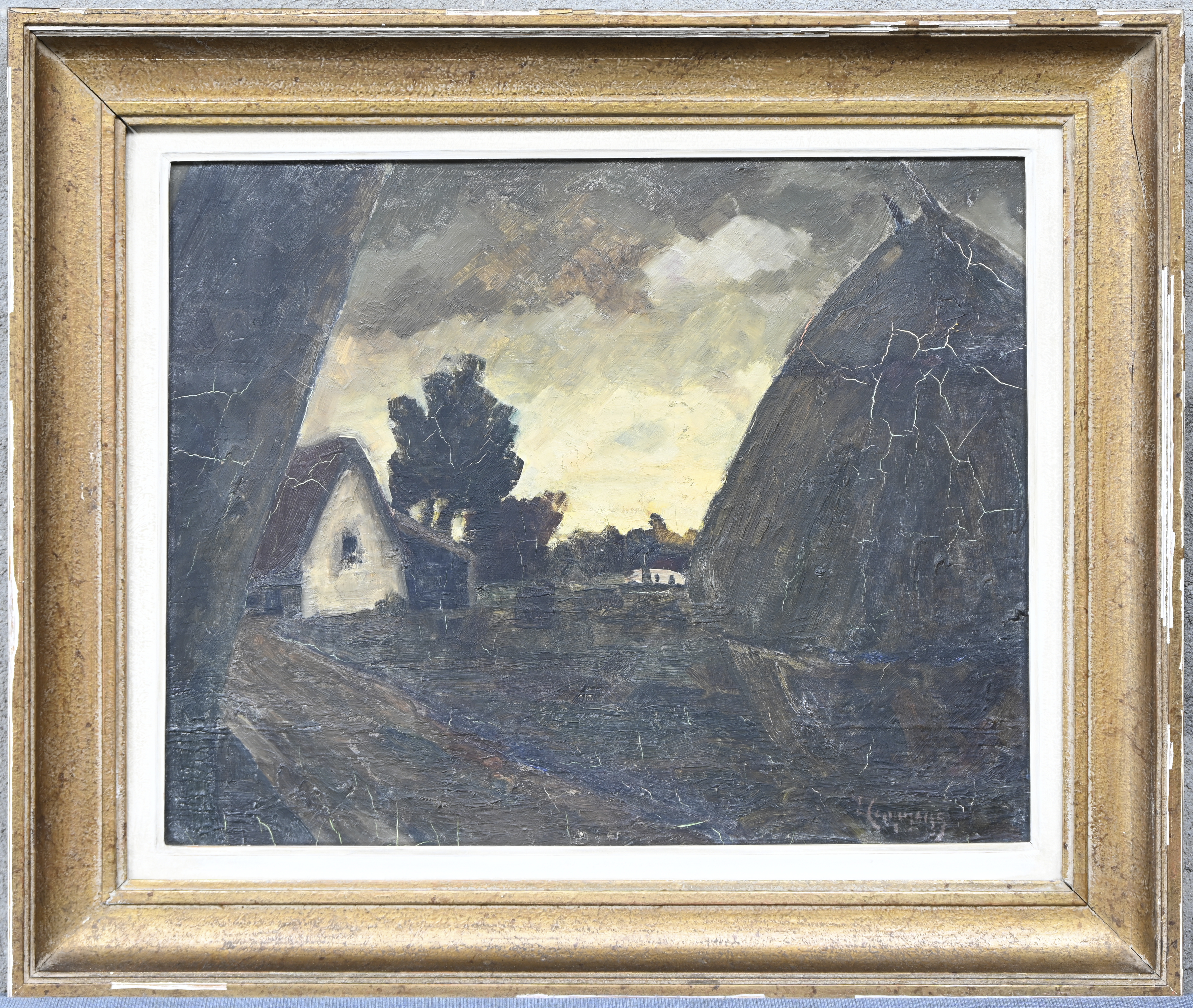 “Hoevezicht met hooimijt”, een schilderij, olieverf op doek, onleesbaar gesigneerd “Hoevezicht met hooimijt”, een schilderij, olieverf op doek, onleesbaar gesigneerd.