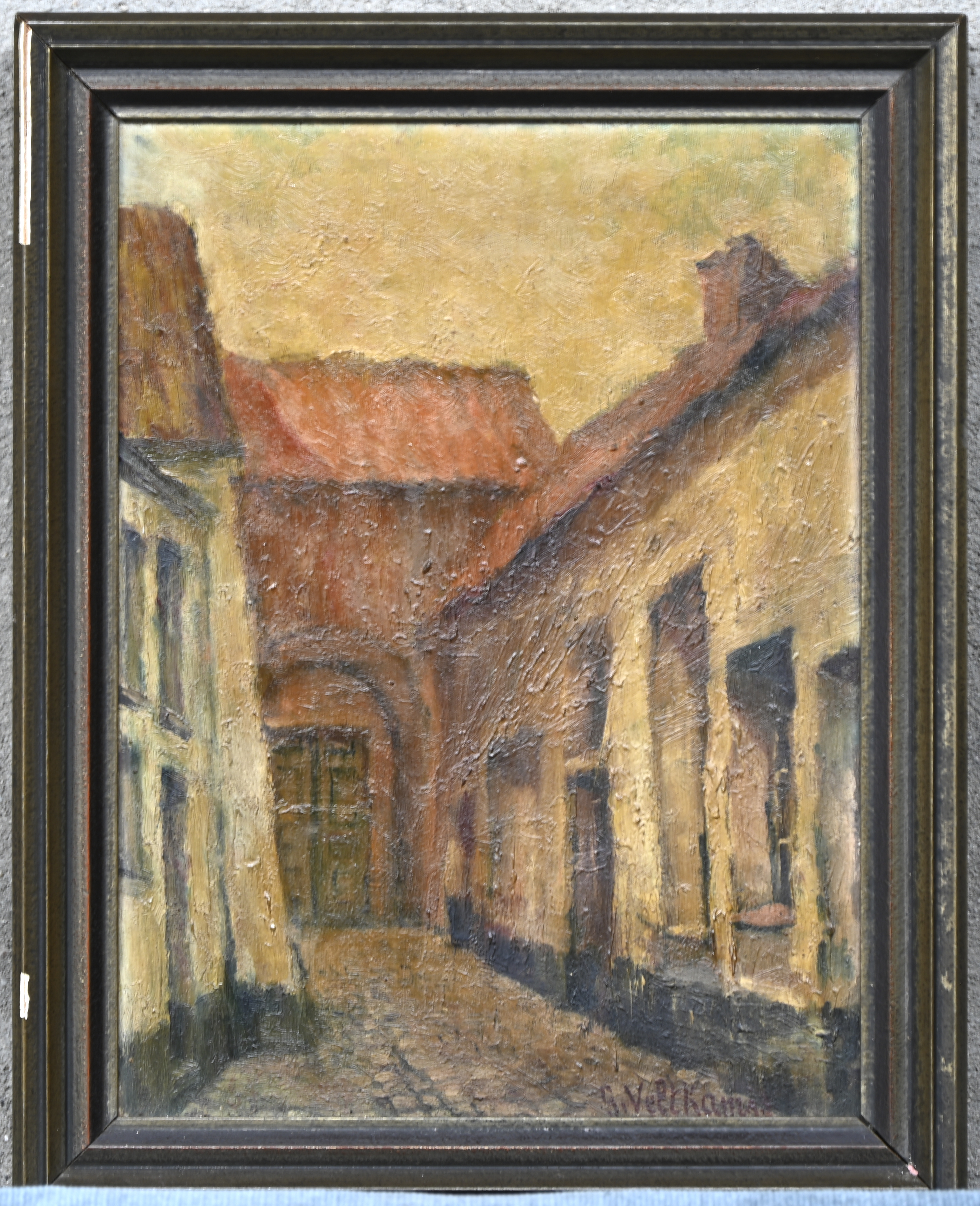 “Begijnhof te Leuven”, een schilderij, olieverf op paneel, gesigneerd G. Veltkamps “Begijnhof te Leuven”, een schilderij, olieverf op paneel, gesigneerd G. Veltkamps.