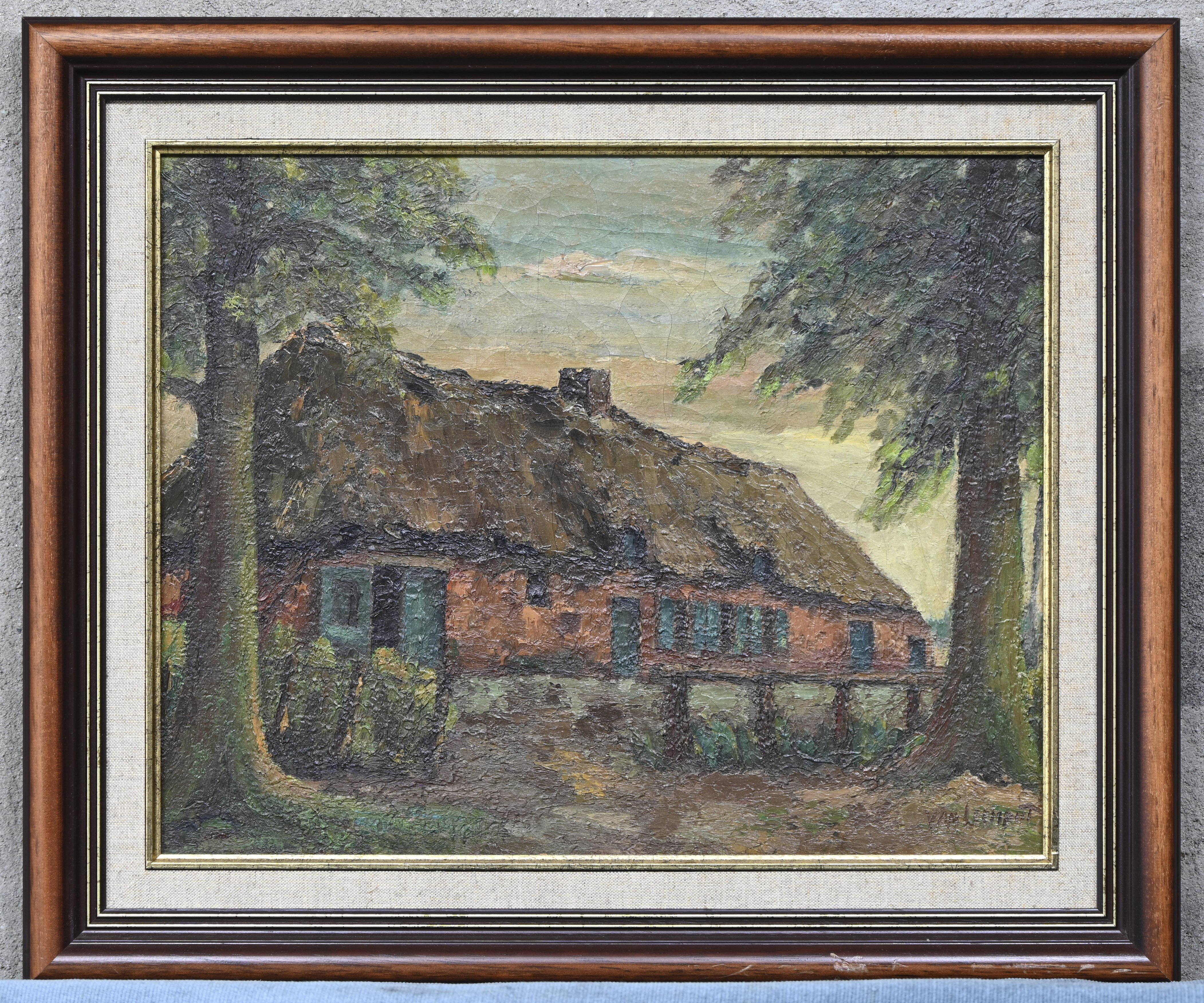 ‘Langgevelhoeve’, een impasto gezet oliverfschilderij op doek. Getekend Van Leemput ‘Langgevelhoeve’, een impasto gezet oliverfschilderij op doek. Getekend Van Leemput.