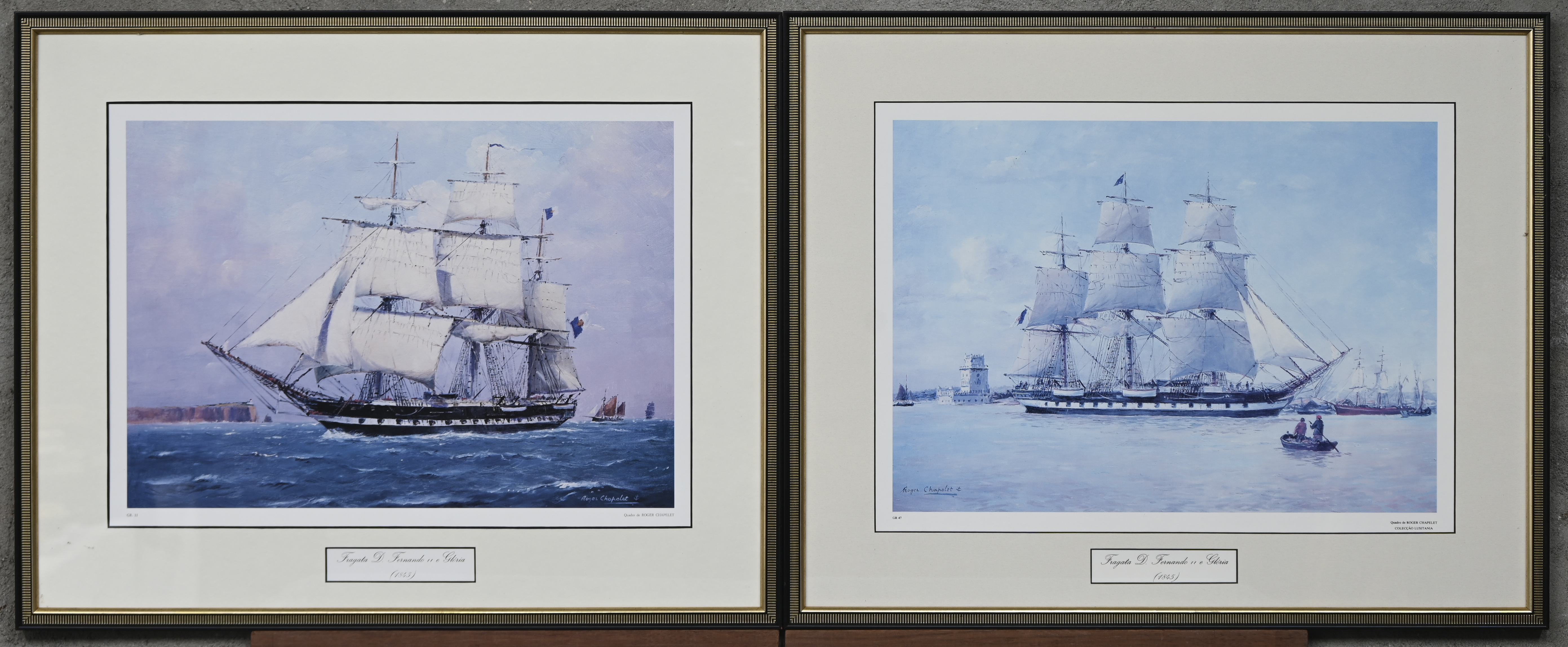 Twee ingekaderde prenten van fregatten, naar het werk van Chapelet Twee ingekaderde prenten van fregatten, naar het werk van Chapelet.