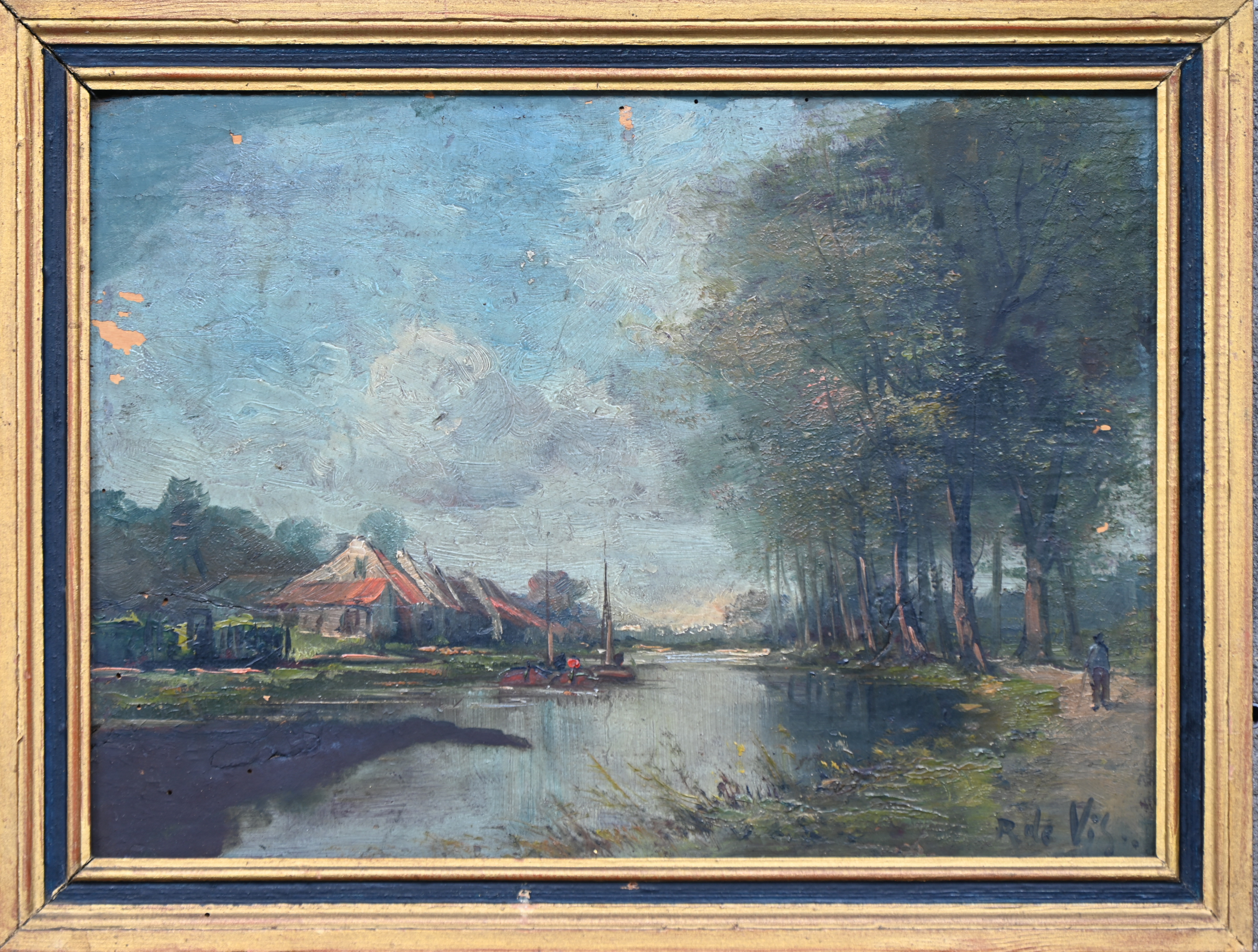 ‘Schepen op een kanaal’, olieverf op paneel. Getekend R. De Vis. Vermoedelijk 19e eeuw, met schade ‘Schepen op een kanaal’, olieverf op paneel. Getekend R. De Vis. Vermoedelijk 19e eeuw, met schade.