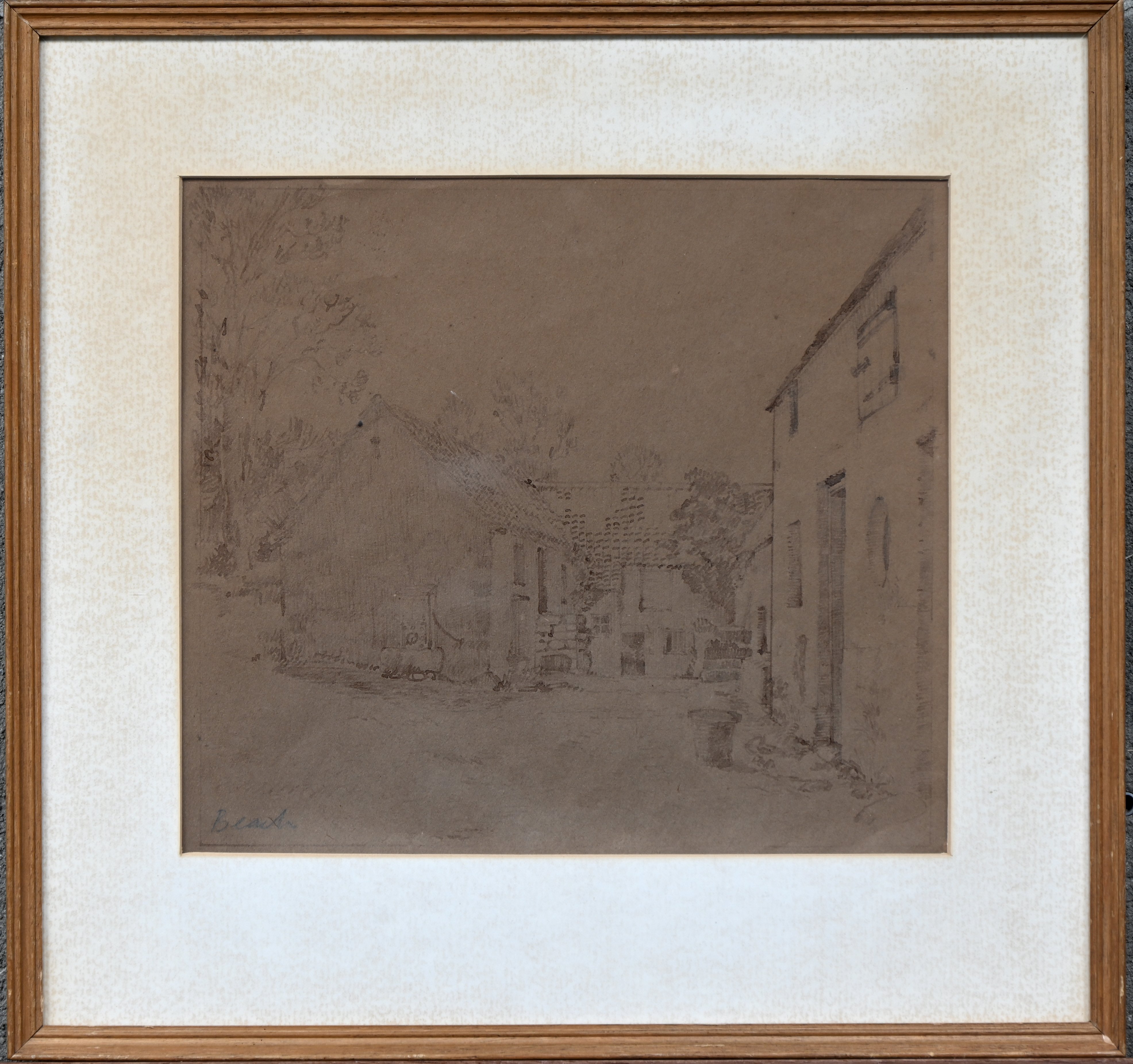 ‘Landelijk huis’, tekening in sepia op bruin papier. Getekend Beach ‘Landelijk huis’, tekening in sepia op bruin papier. Getekend Beach.