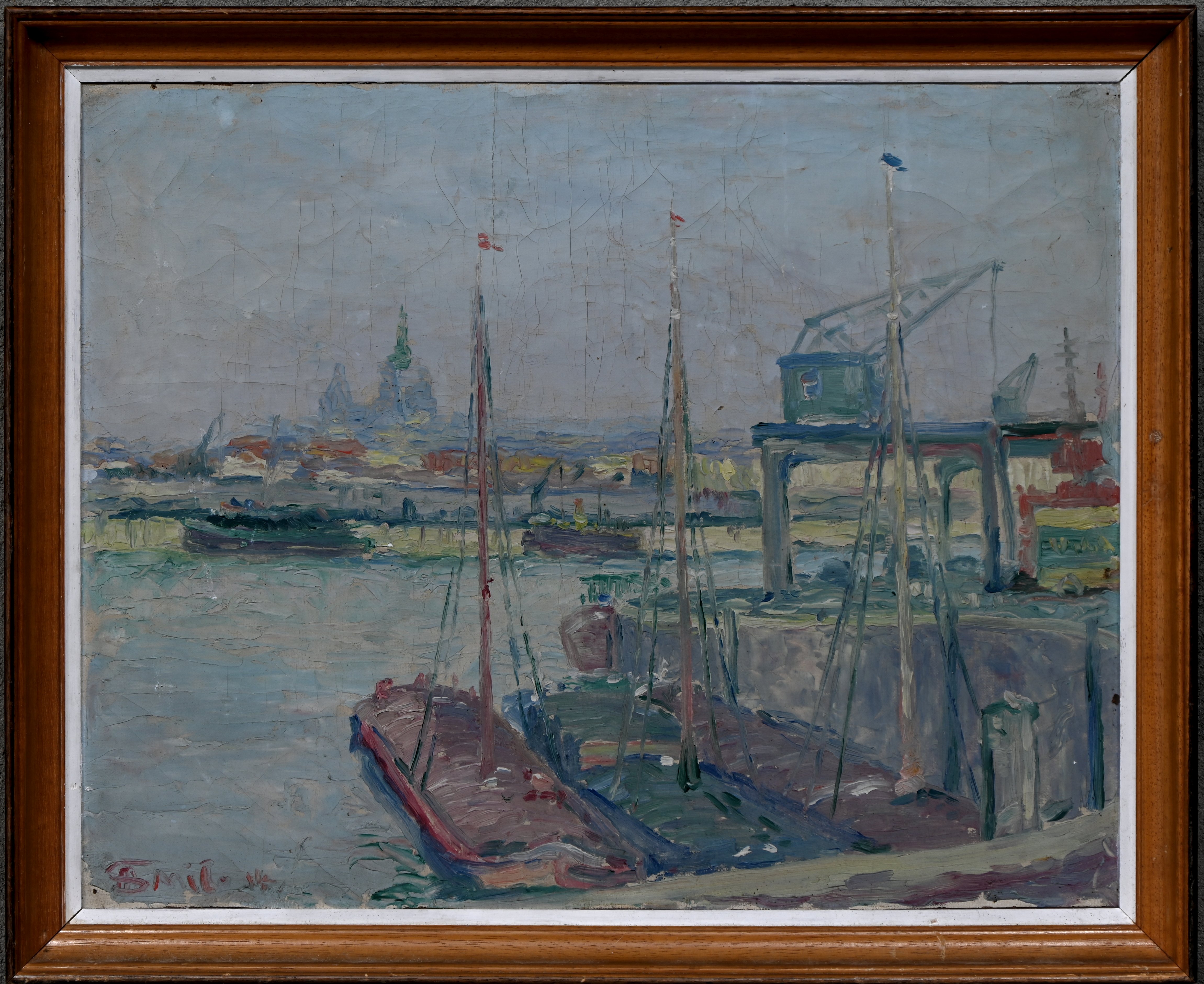 ‘Vrachtschepen in de haven’, een postimpressionistisch olieverfschilderij op paneel. Getekend Smits ‘Vrachtschepen in de haven’, een postimpressionistisch olieverfschilderij op paneel. Getekend Smits.
