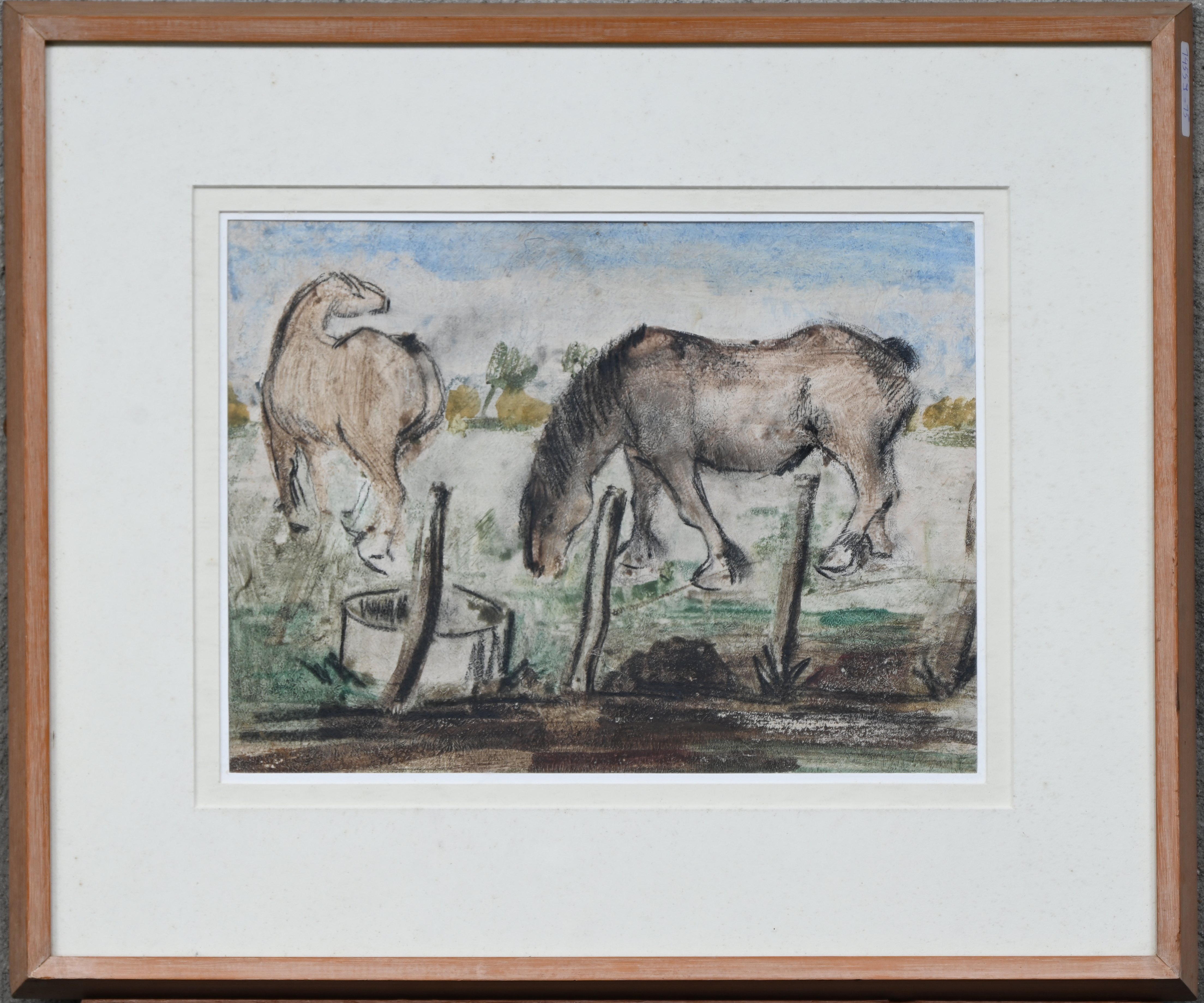“Twee paarden”, een tekening, gemengde techniek op papier, niet gesigneerd “Twee paarden”, een tekening, gemengde techniek op papier, niet gesigneerd.