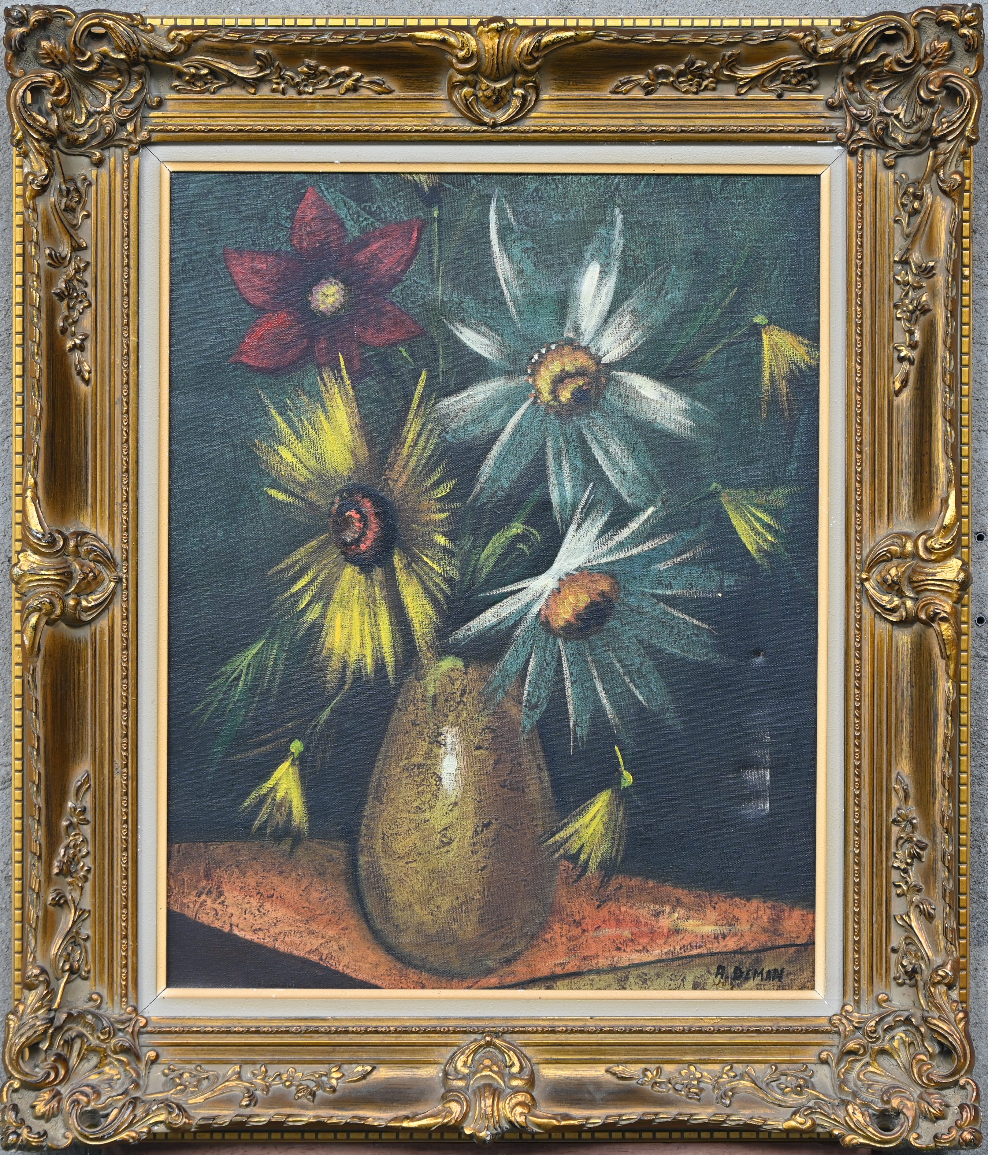 “Bloemenstilleven”, een schilderij, olieverf op doek, gesigneerd A Deman, in vergulde kader “Bloemenstilleven”, een schilderij, olieverf op doek, gesigneerd A Deman, in vergulde kader.