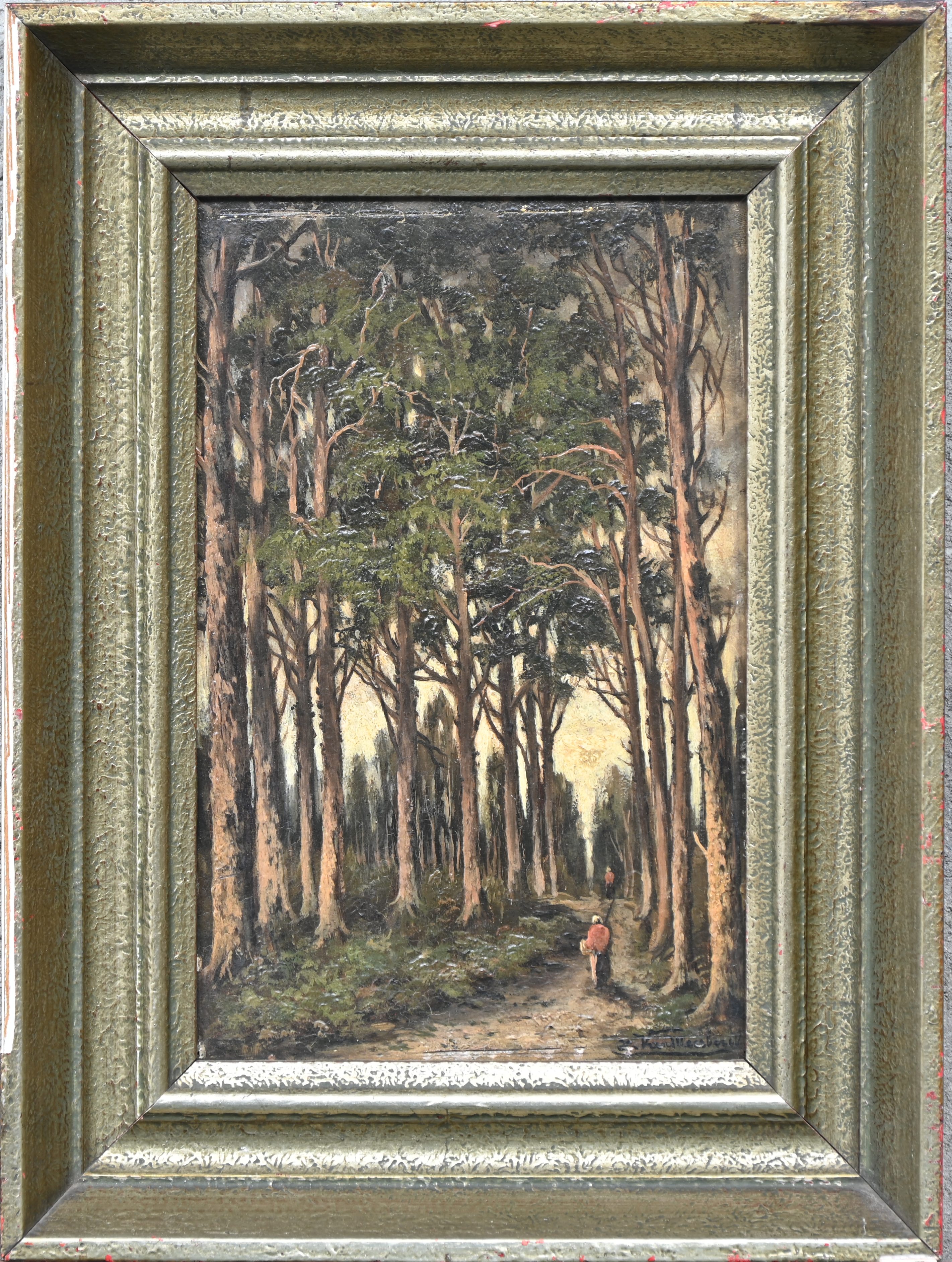 ‘Bosweg met twee personages’, olieverf op paneel. Draagt een handtekening ‘Bosweg met twee personages’, olieverf op paneel. Draagt een handtekening.