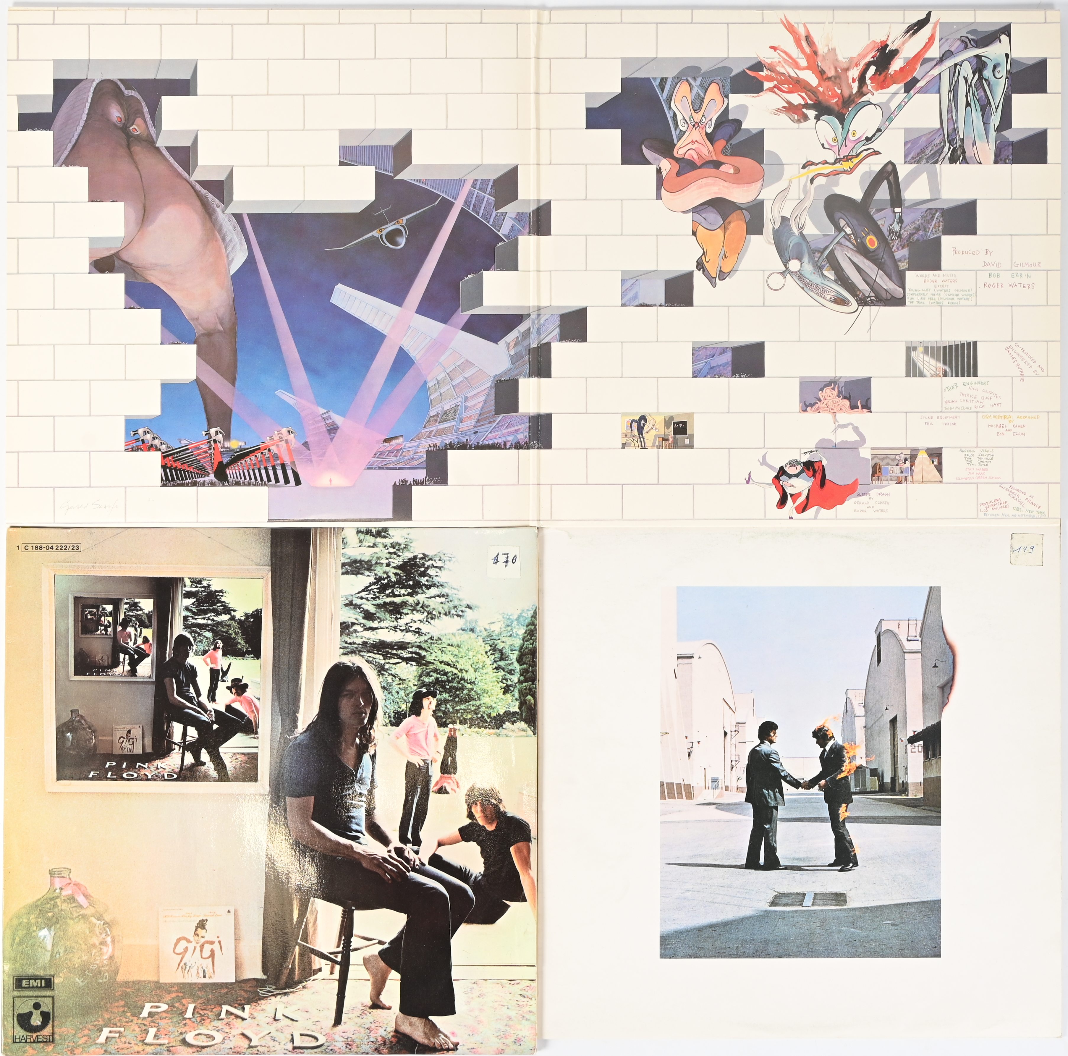 Drie vinylplaten: Pink Floyd: The Wall - 15863411, Engelse persing, Wish You Were Here - SHVL814, Engelse persing en Ummagumma - 188-04 222/23, Duitse persing Drie vinylplaten: Pink Floyd: The Wall - 15863411, Engelse persing, Wish You Were Here - SHVL814, Engelse persing en Ummagumma - 188-04 222/23, Duitse persing.