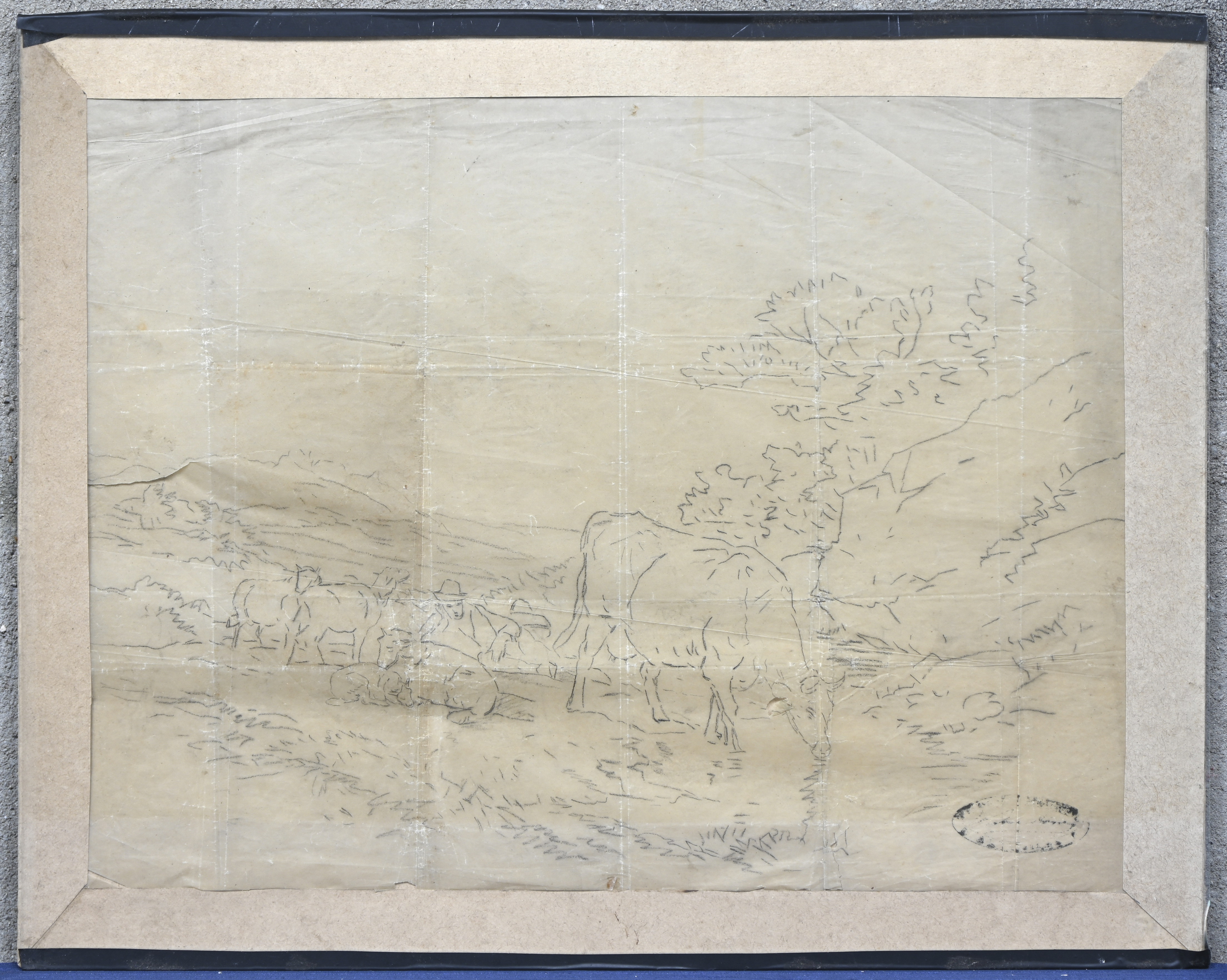 ‘Landschap met herder en koeien’, een voorstudie op kalkpapier. In de stijl van Eugène Verboeckhoven. Draagt een stempel ‘Landschap met herder en koeien’, een voorstudie op kalkpapier. In de stijl van Eugène Verboeckhoven. Draagt een stempel.