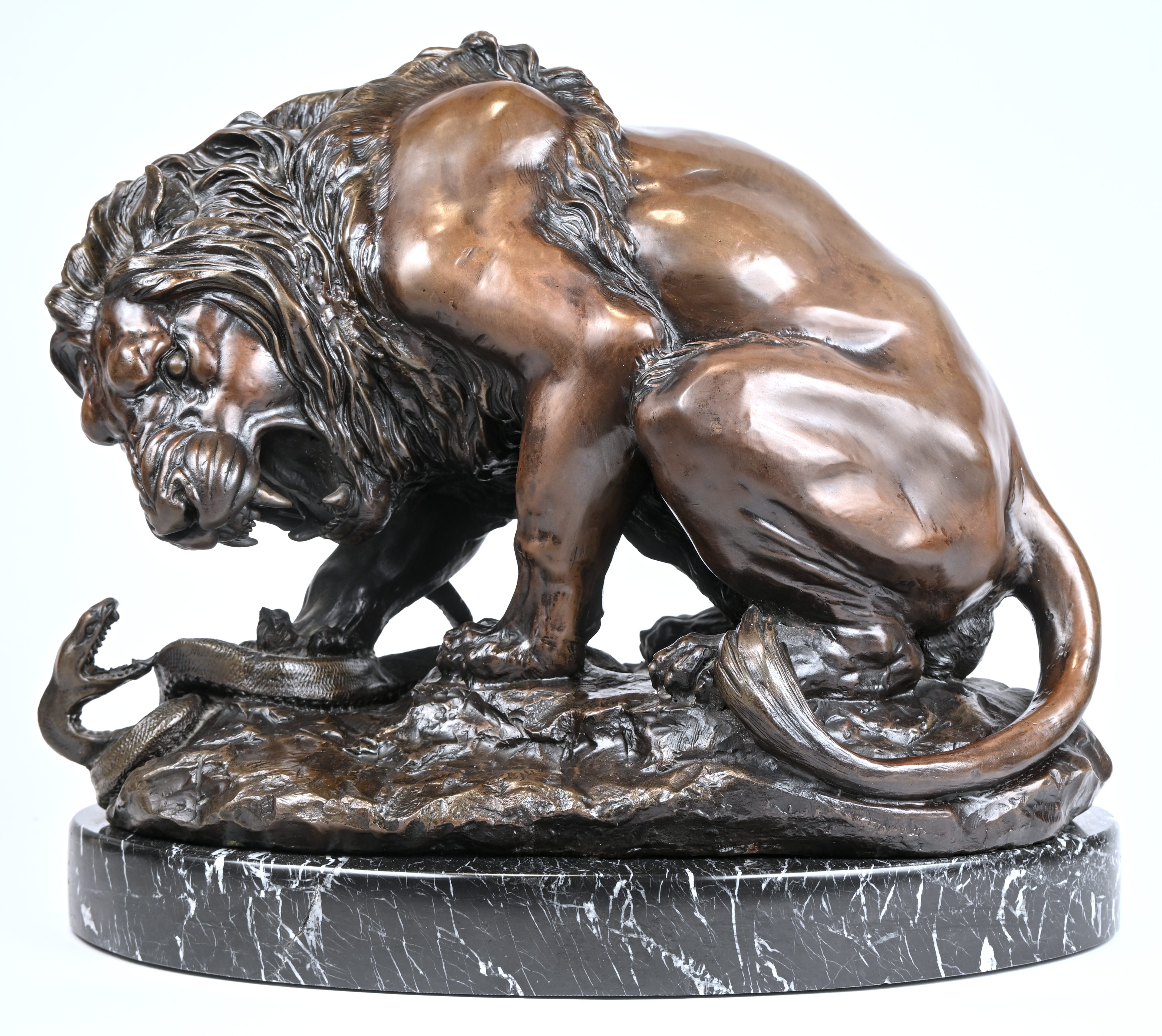 Een leeuw in gevecht met een slang, een gepatineerd bronzen beeld op marmeren voet. In de stijl van Antoine Louis Barye (1796-1875) Een leeuw in gevecht met een slang, een gepatineerd bronzen beeld op marmeren voet. In de stijl van Antoine Louis Barye (1796-1875).