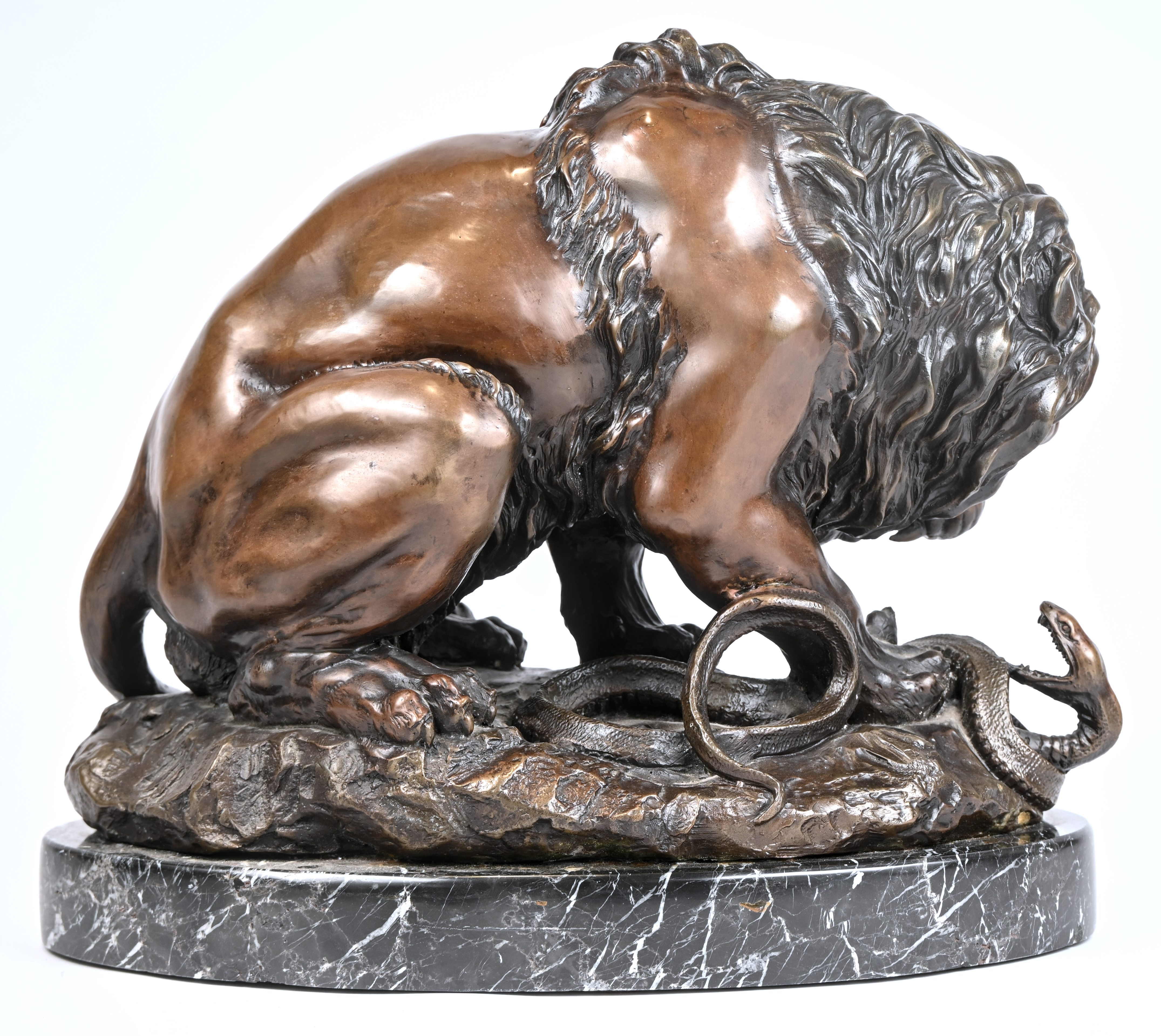 Een leeuw in gevecht met een slang, een gepatineerd bronzen beeld op marmeren voet. In de stijl van Antoine Louis Barye (1796-1875) Een leeuw in gevecht met een slang, een gepatineerd bronzen beeld op marmeren voet. In de stijl van Antoine Louis Barye (1796-1875).