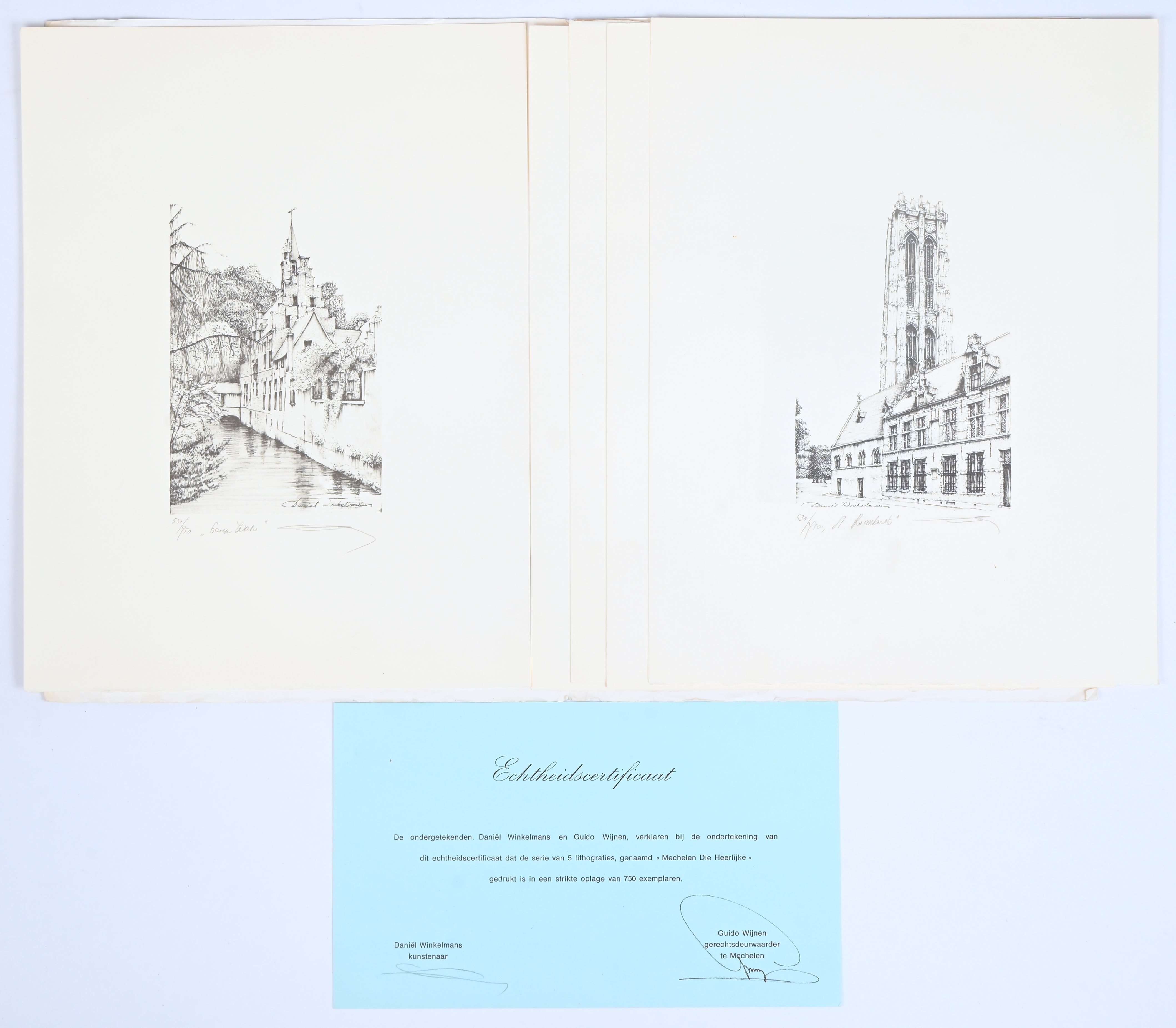 “Mechelen Die Heerlijke”, 5 lithografiën in kunstmap, nrs 534/750, getiteld en gesigneerd buiten de plaat “Mechelen Die Heerlijke”, 5 lithografiën in kunstmap, nrs 534/750, getiteld en gesigneerd buiten de plaat.