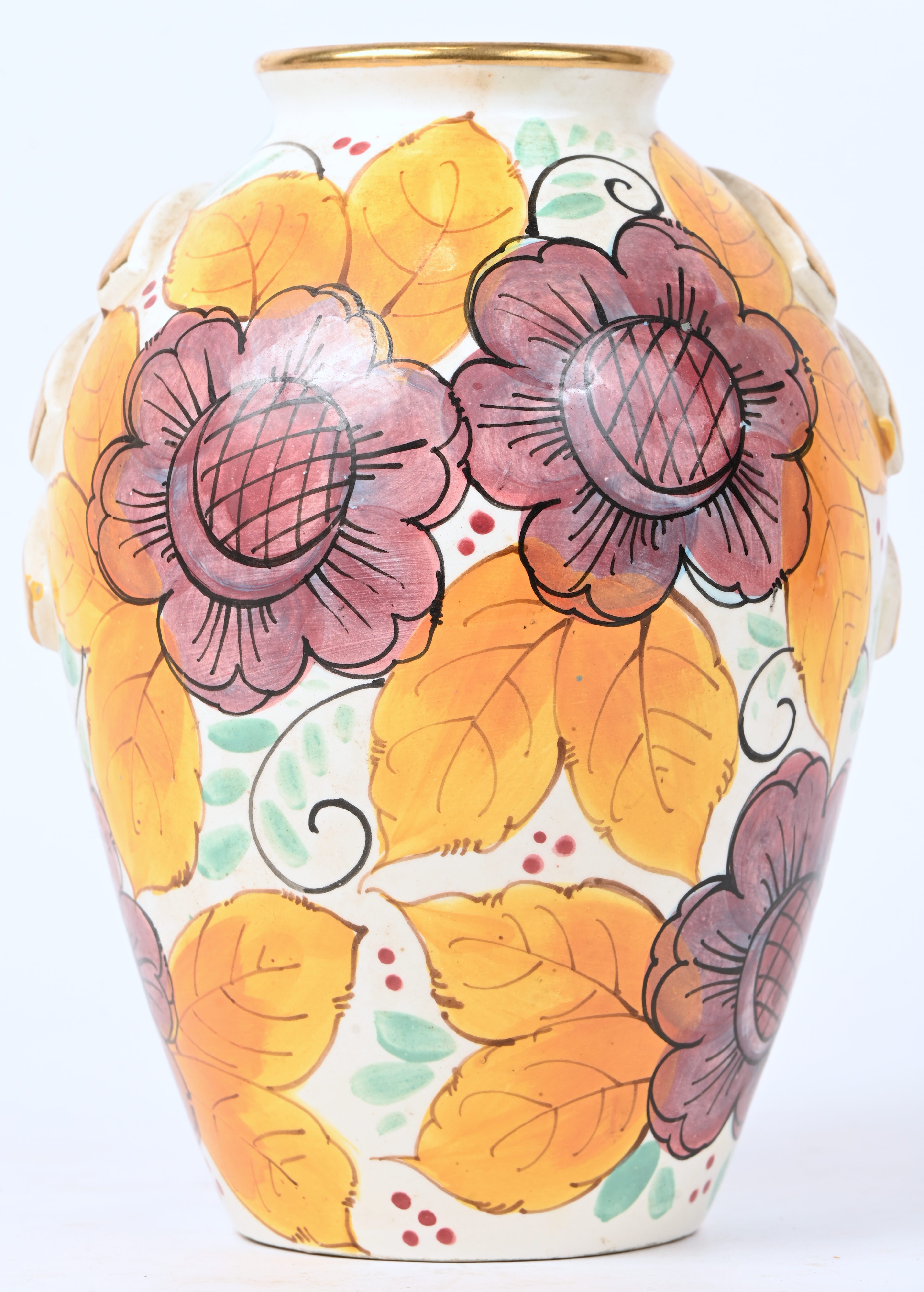 Een kleurrijke art deco vaas met bloemendecor. Gemerkt onderaan G.M.Mons en getekend D. Dolores Een kleurrijke art deco vaas met bloemendecor. Gemerkt onderaan G.M.Mons en getekend D. Dolores.