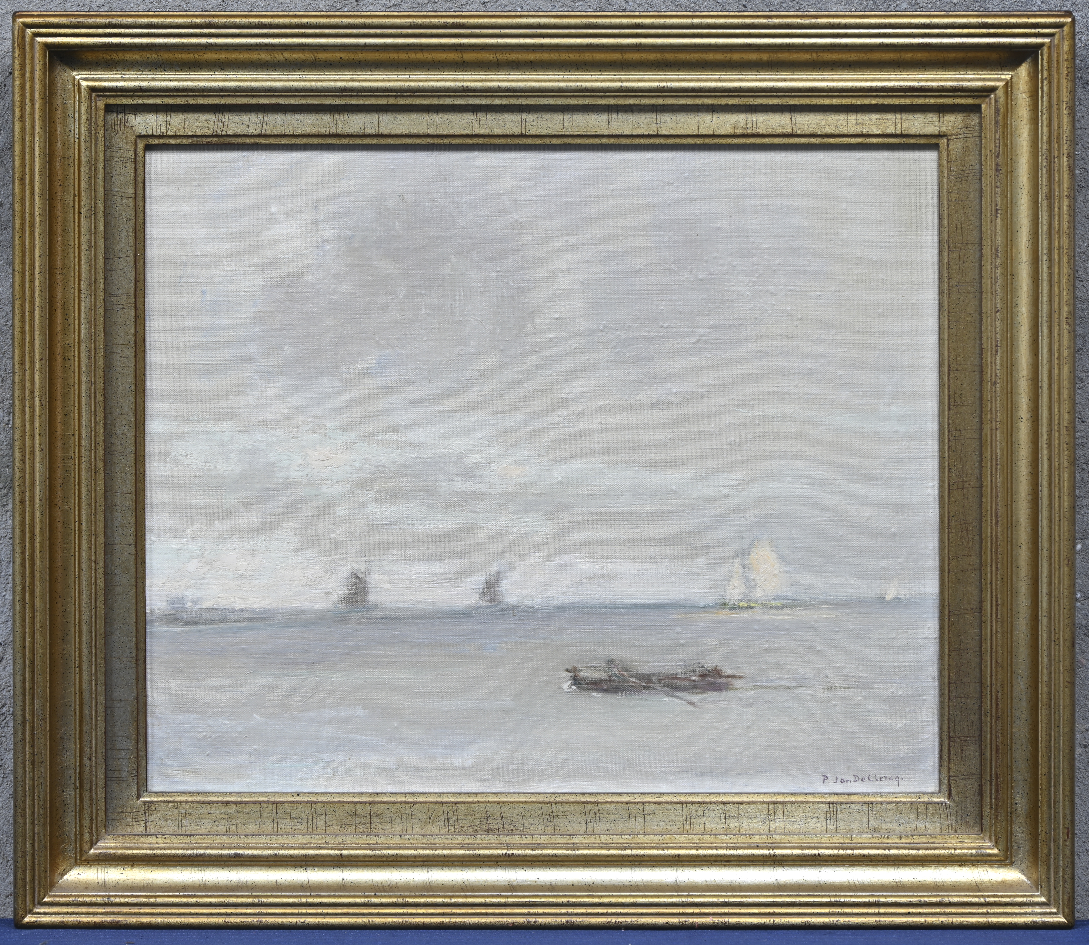 ‘Marine met zeilschepen’, olieverf op schilderspaneel. Getekend P. Jan De Clercq ‘Marine met zeilschepen’, olieverf op schilderspaneel. Getekend P. Jan De Clercq.