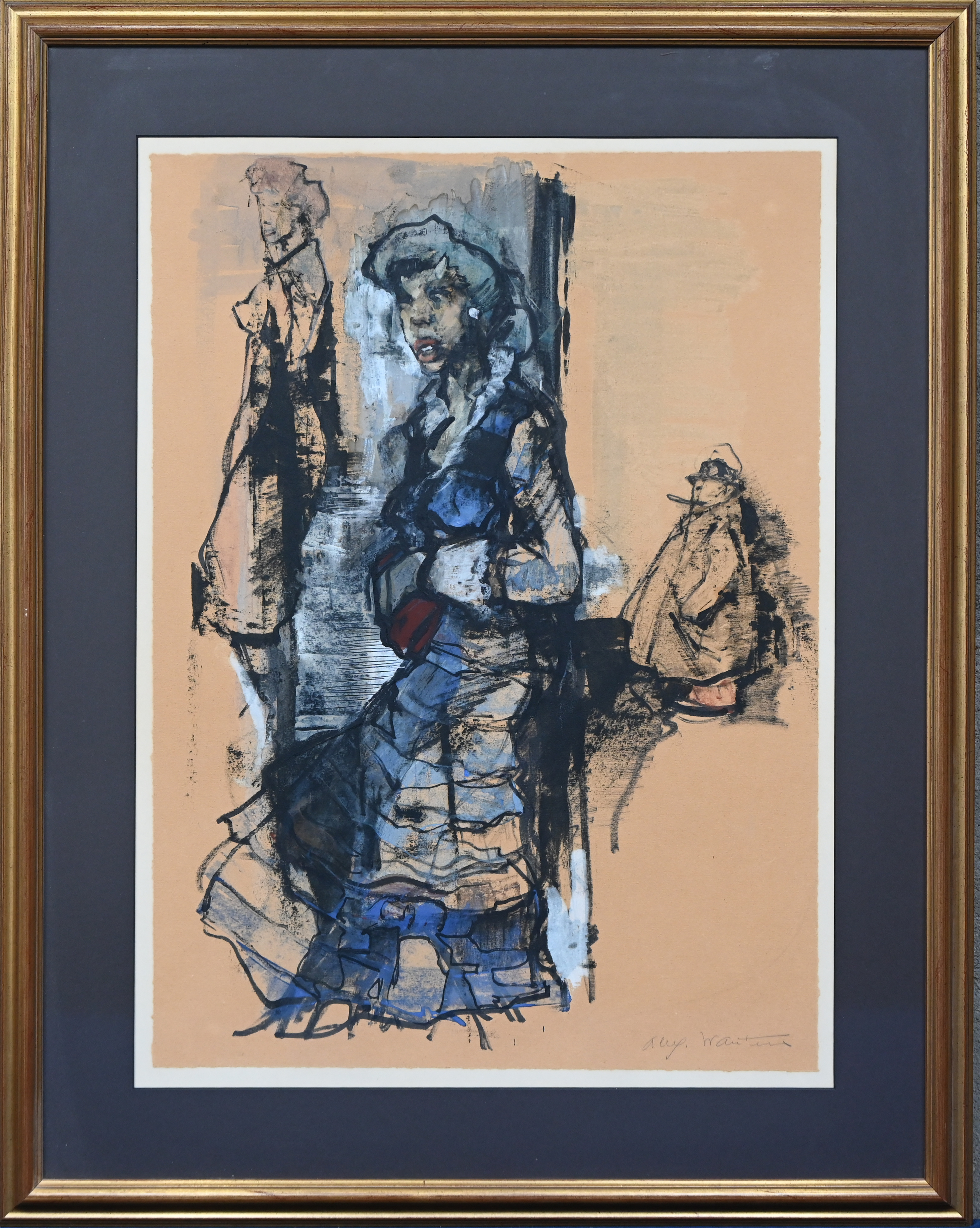 “Prostituee op uitkijk”. Een schilderij, inkt en gouache op papier. Onderaan gesigneerd “Prostituee op uitkijk”. Een schilderij, inkt en gouache op papier. Onderaan gesigneerd.