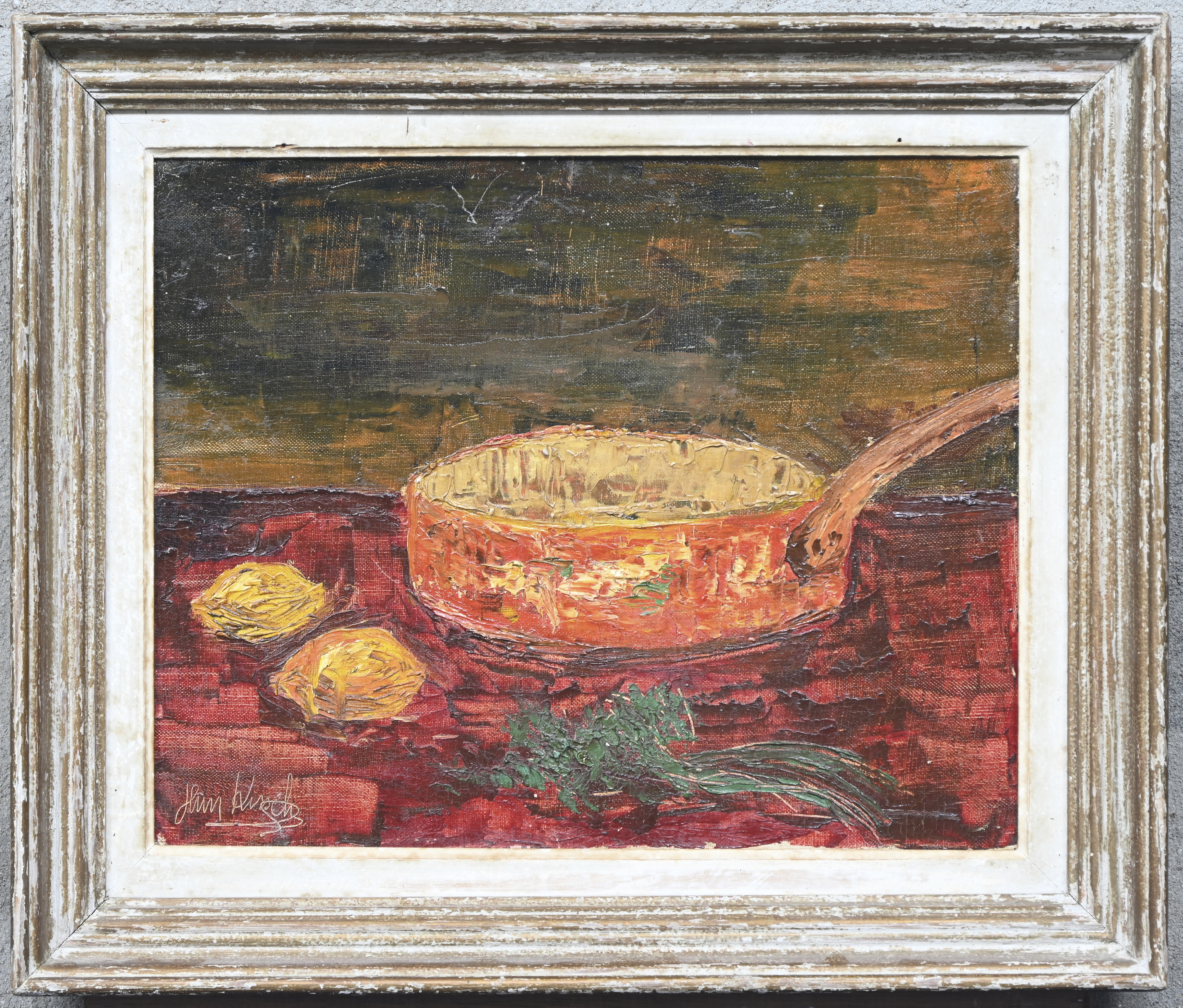 “Stilleven met koperen pan”, een schilderij, olieverf op doek, gesigneerd en gedateerd (achteraan) 1962 “Stilleven met koperen pan”, een schilderij, olieverf op doek, gesigneerd en gedateerd (achteraan) 1962.