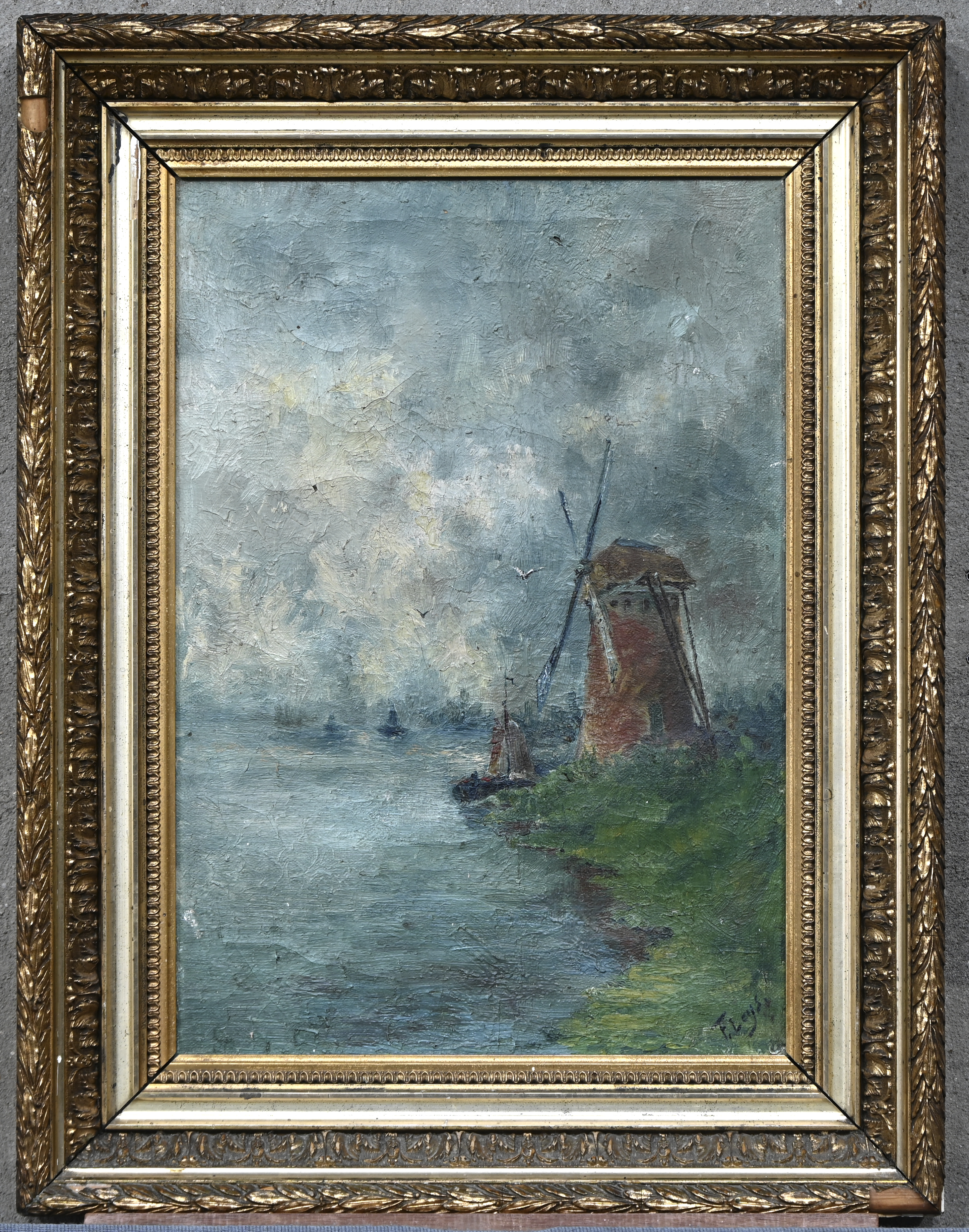 “Windmolen aan de waterkant”, een schilderij, olieverf op doek in vergulde lijst, gesigneerd “Windmolen aan de waterkant”, een schilderij, olieverf op doek in vergulde lijst, gesigneerd.