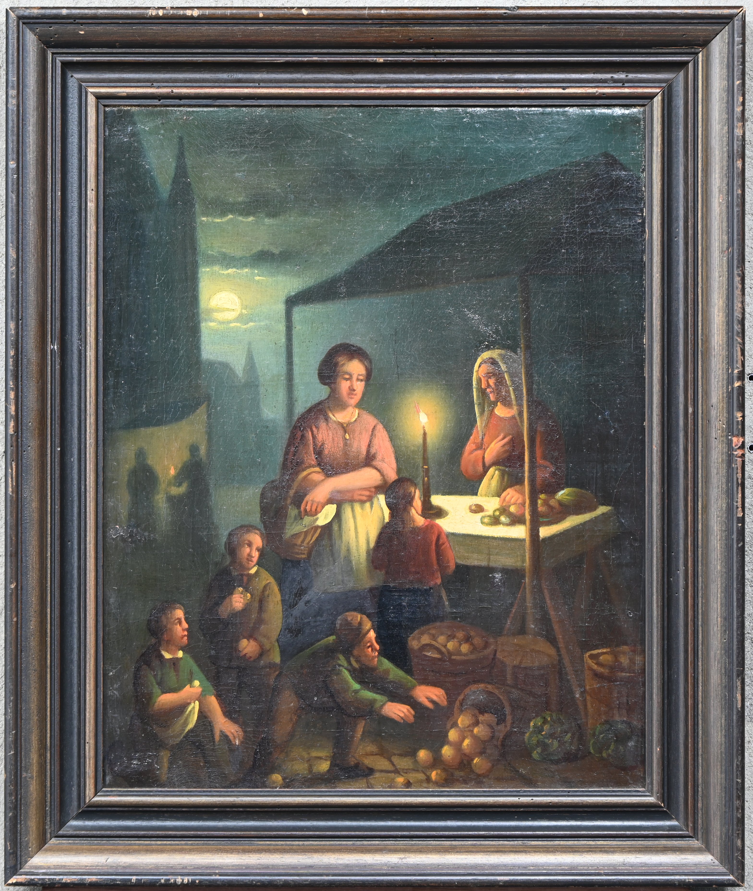 “Marktkraam bij kaarslicht”, een schilderij, olieverf op doek, 19e eeuws, naar voorbeeld van de Nederlandse school. Oude restauratie aan het doek “Marktkraam bij kaarslicht”, een schilderij, olieverf op doek, 19e eeuws, naar voorbeeld van de Nederlandse school. Oude restauratie aan het doek.