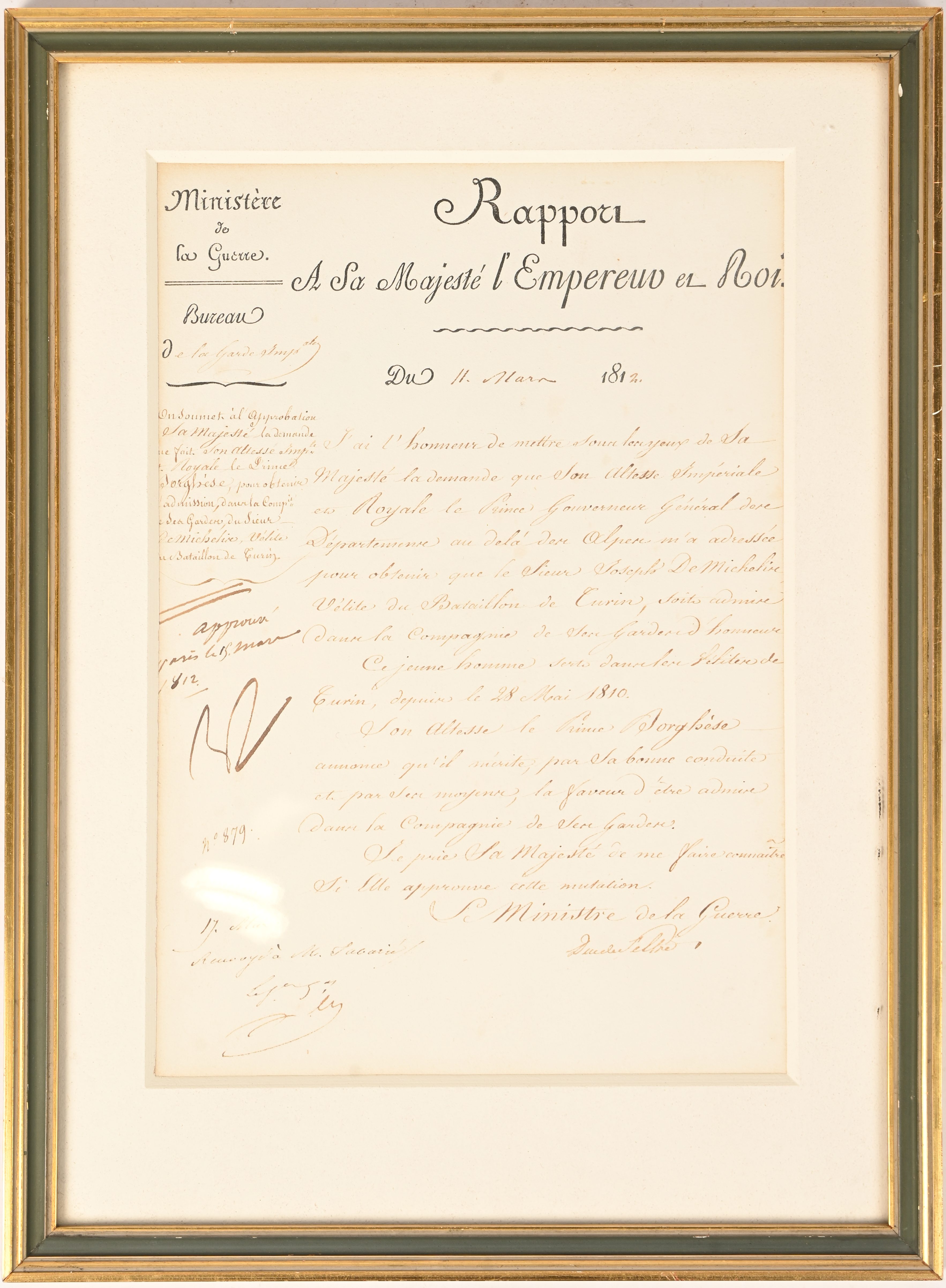 “Rapport A Sa Majesté l’Empereur et Roi du 11 mars 1812”. Een verzoekschrift gericht aan Napoleon I. Betreft de verplaatsing van Joseph De Michelis van een bataljon in Turijn naar de Erewacht. Opgesteld door de Prins Borghese en getekend door Duc le Feltre, minister van oorlog “Rapport A Sa Majesté l’Empereur et Roi du 11 mars 1812”. Een verzoekschrift gericht aan Napoleon I. Betreft de verplaatsing van Joseph De Michelis van een bataljon in Turijn naar de Erewacht. Opgesteld door de Prins Borghese en getekend door Duc le Feltre, minister van oorlog.