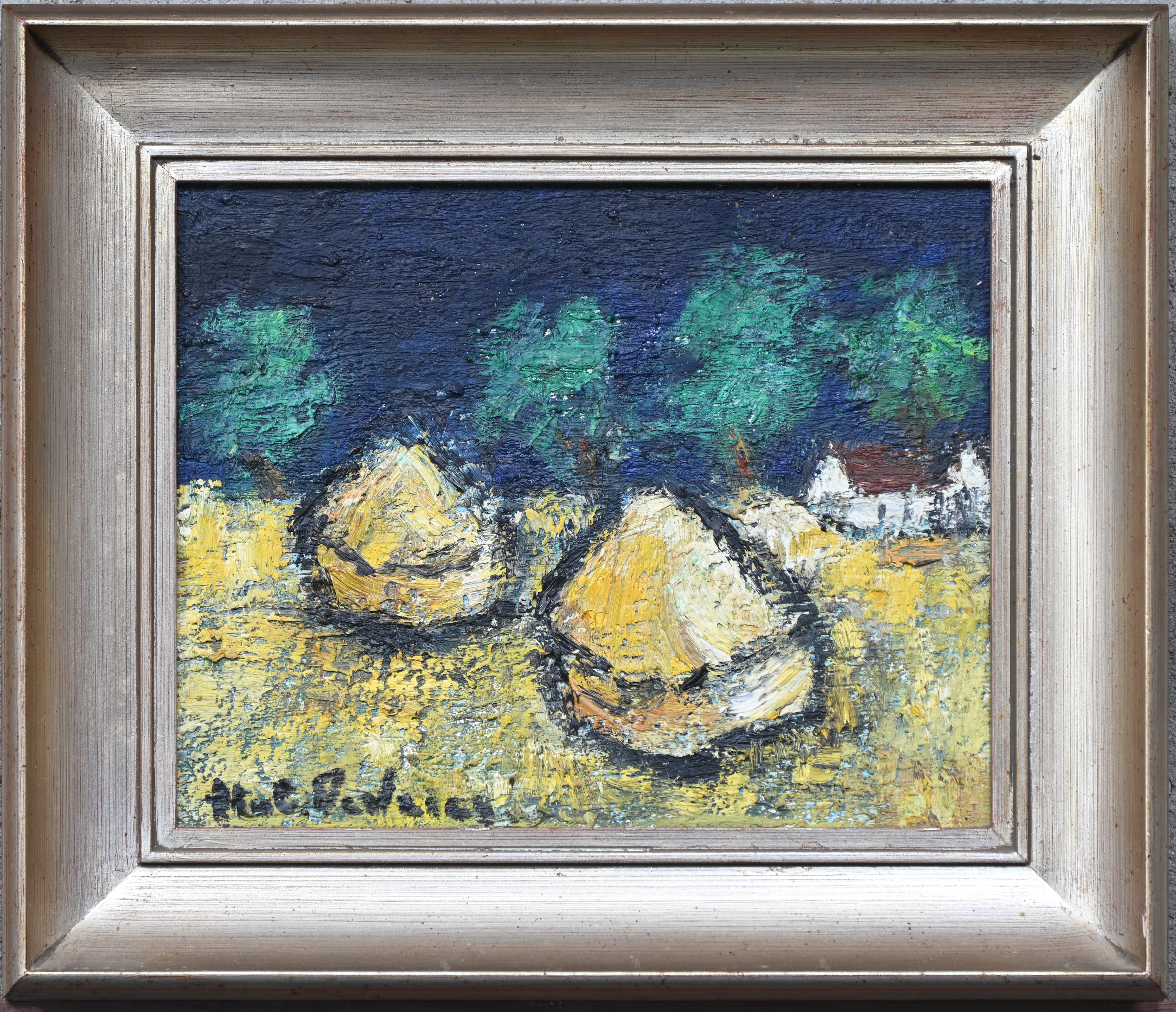 “Hooischoven”. Een olieverfschilderij op doek, gesigneerd “Hooischoven”. Een olieverfschilderij op doek, gesigneerd.
