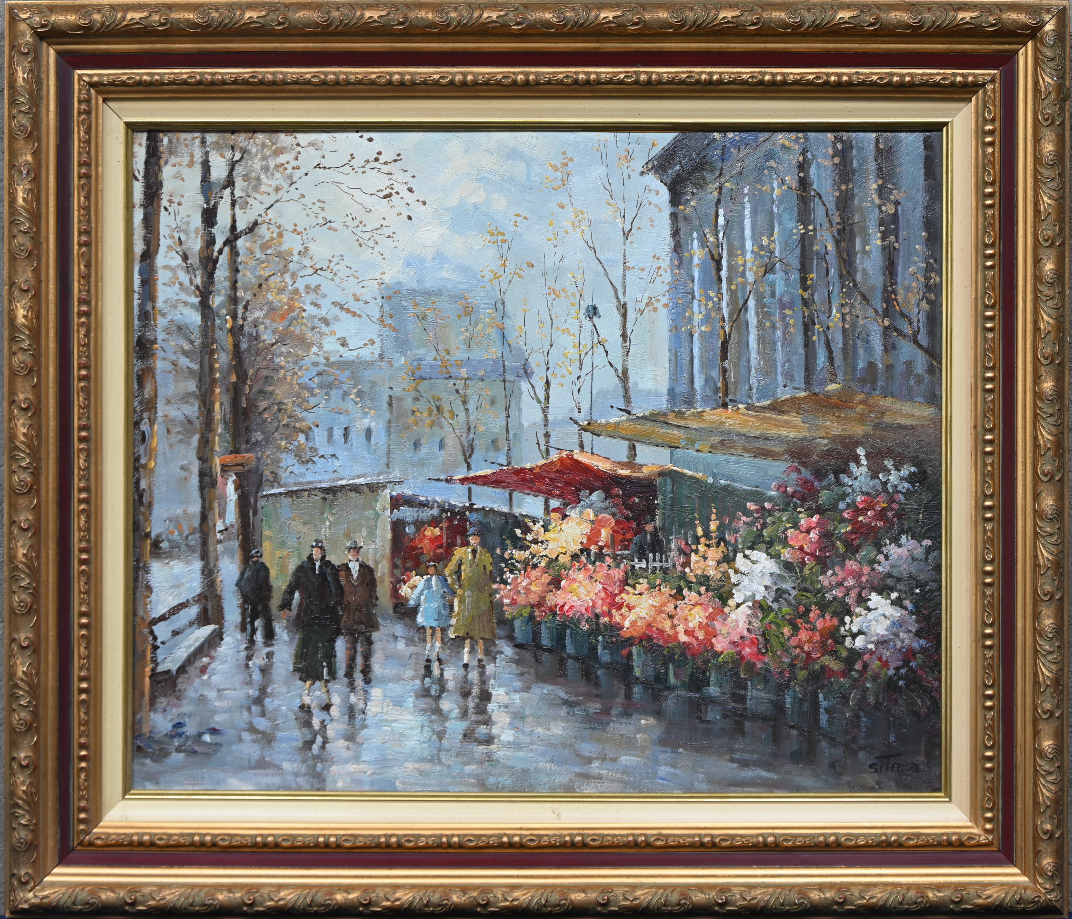 ‘Bloemenmarkt’, een olieverfschilderij op doek. Getekend SiTa, met certificaat ‘Bloemenmarkt’, een olieverfschilderij op doek. Getekend SiTa, met certificaat.