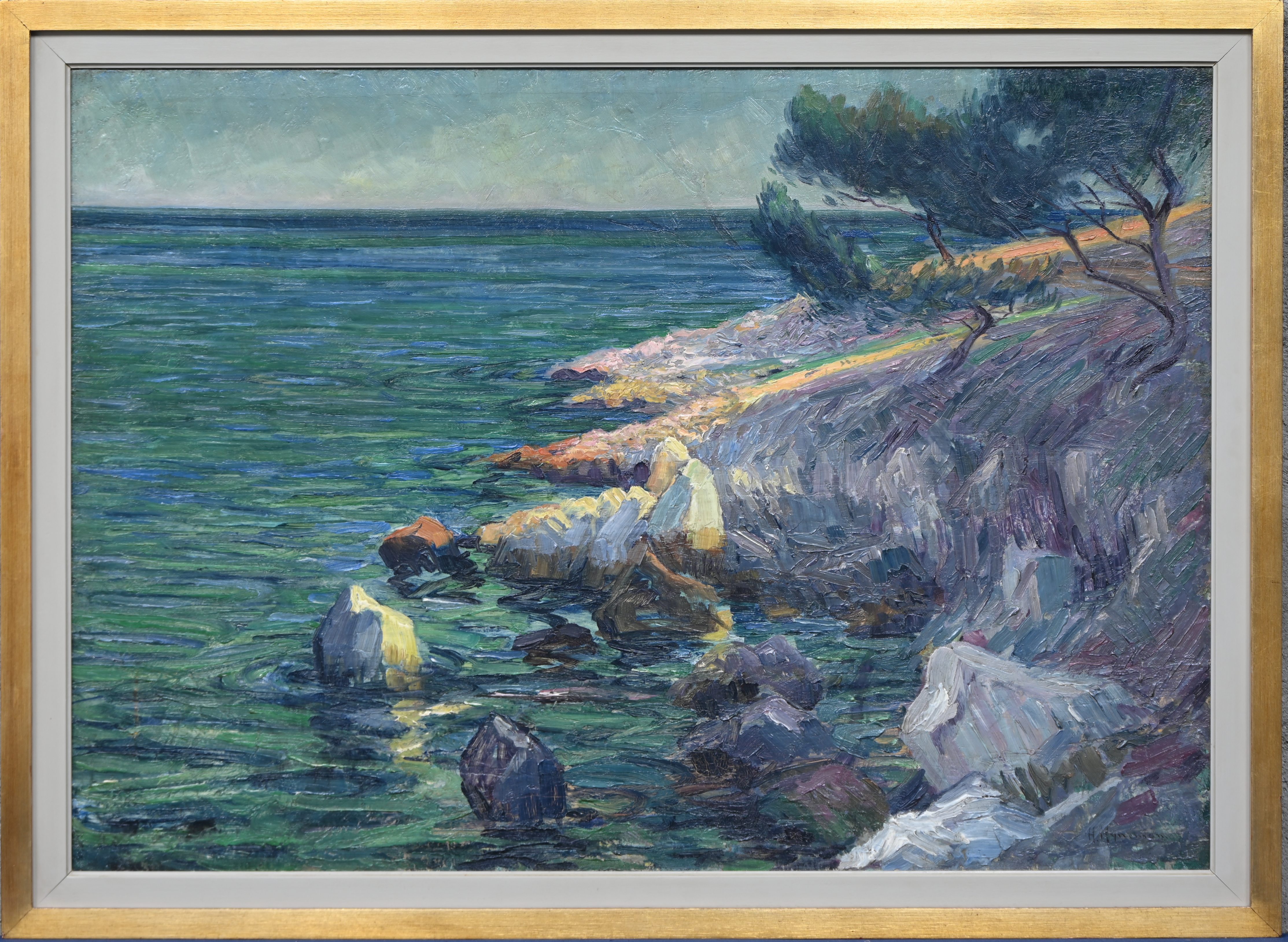 ‘Rotskust’, een impressionistisch olieverfschilderij op doek. Getekend H. Hyneman ‘Rotskust’, een impressionistisch olieverfschilderij op doek. Getekend H. Hyneman.