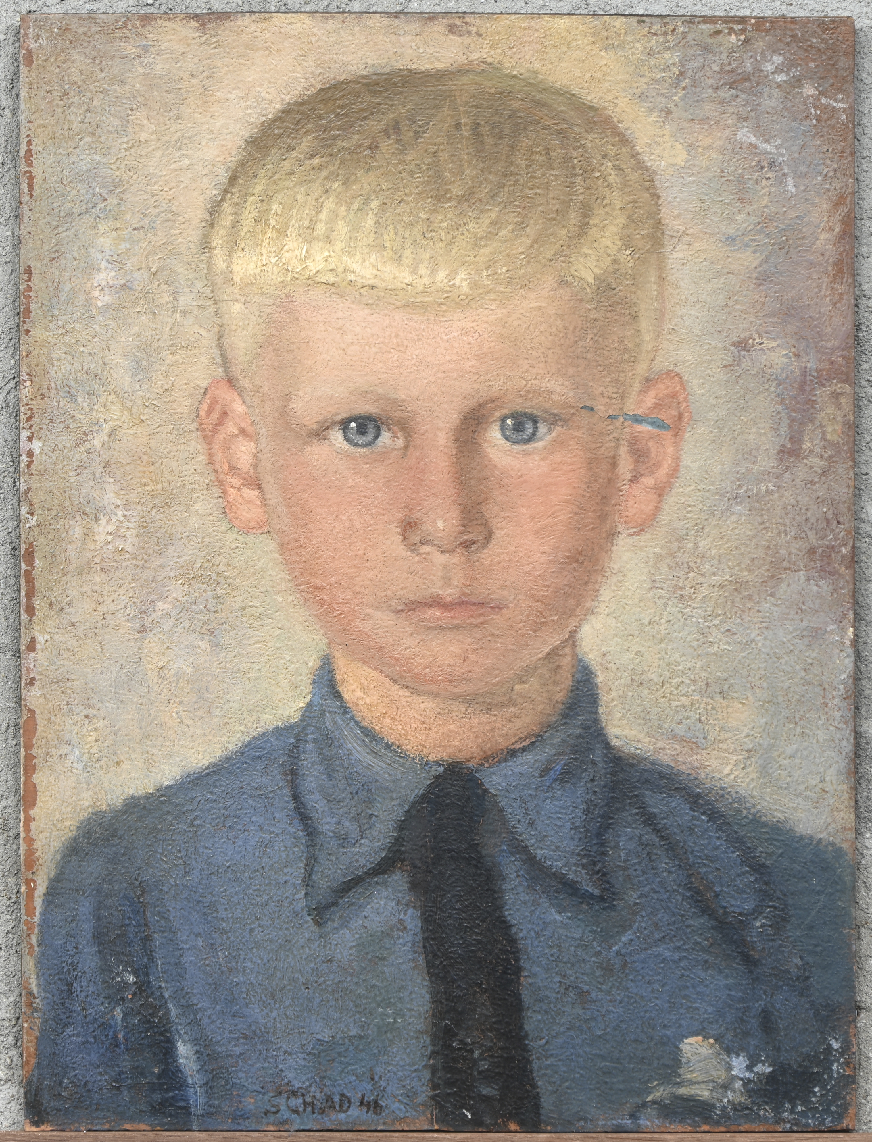 ‘Kinderportret’, een olieverfschilderij op paneel. Getekend Schad, gedateerd ‘46. Met verfschade ‘Kinderportret’, een olieverfschilderij op paneel. Getekend Schad, gedateerd ‘46. Met verfschade.